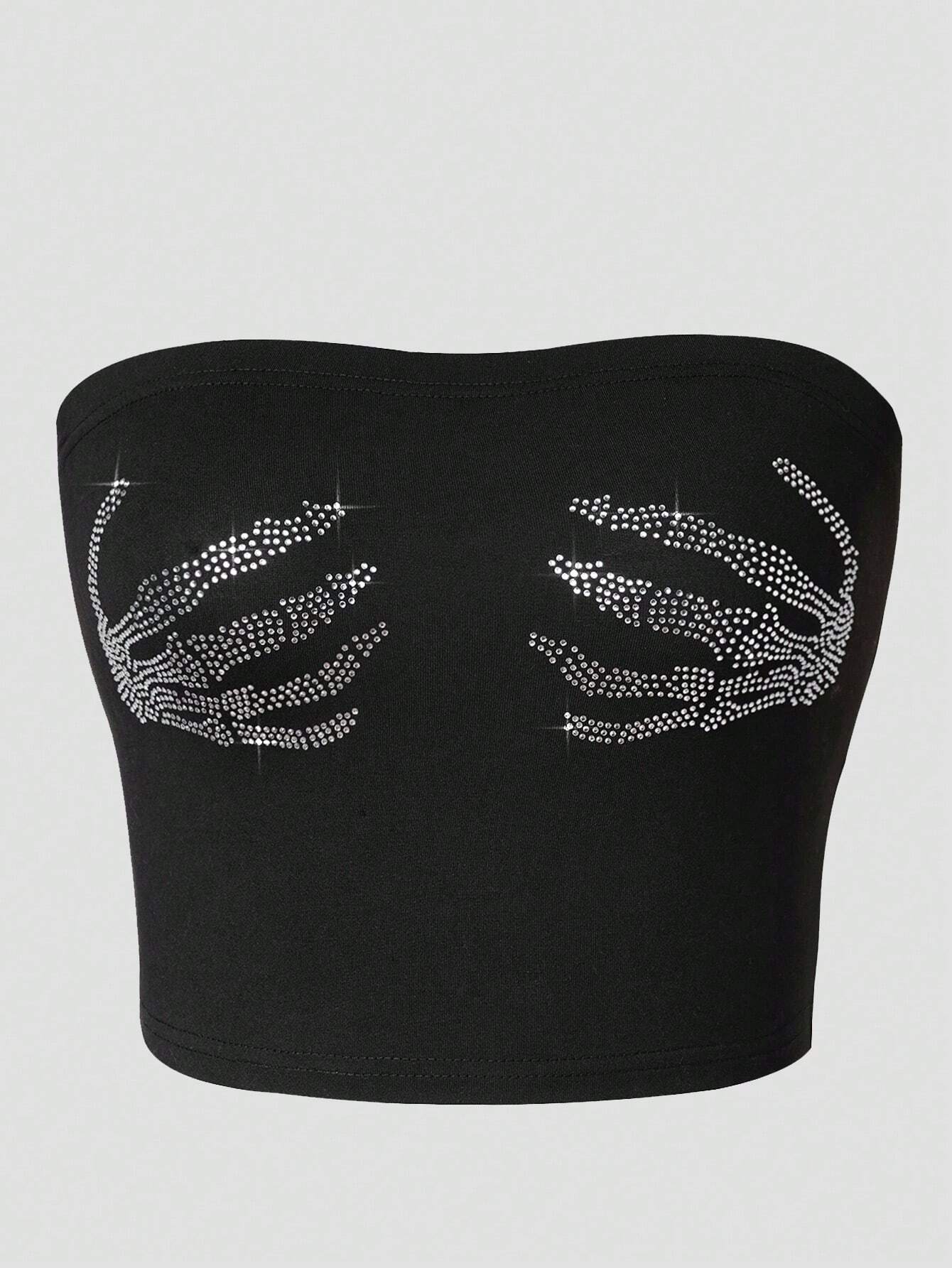 INAWLY Plus Size Women's Y2K Rhinestone Hand Pattern Fitted Crop Top