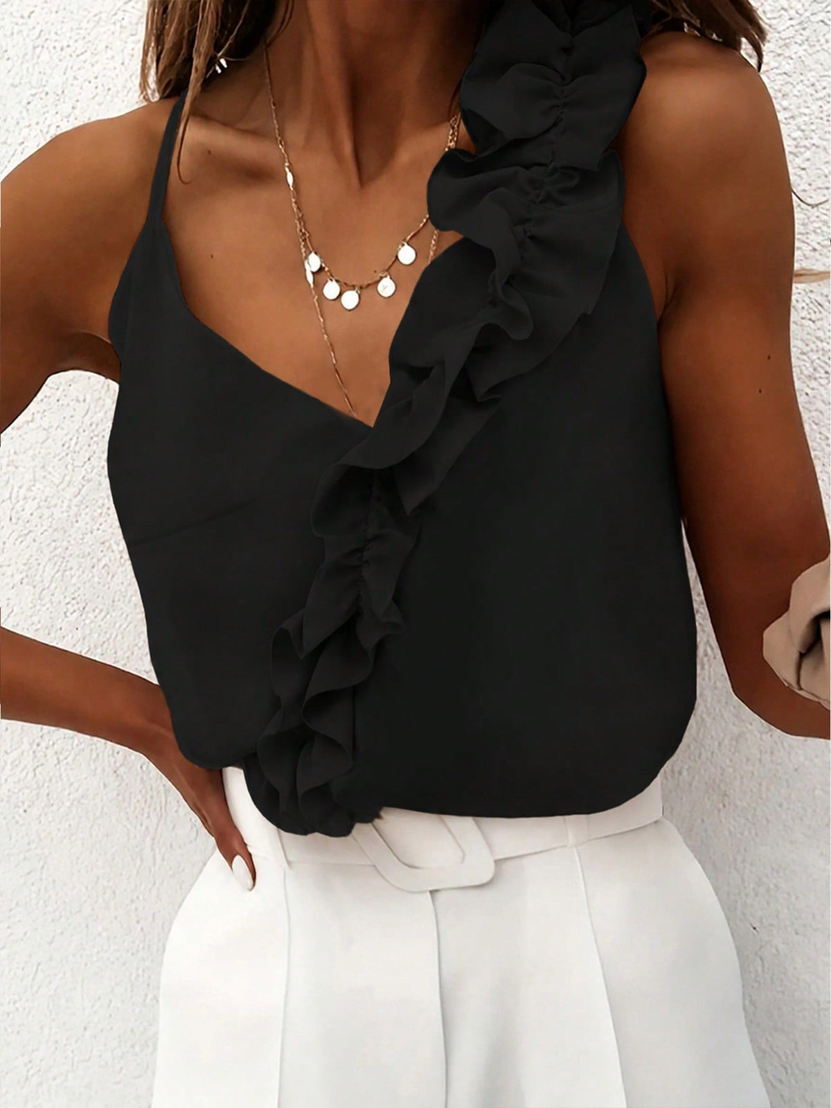 INAWLY Women's Solid Color Simple Daily Wear Camisole Top With Ruffle Hem