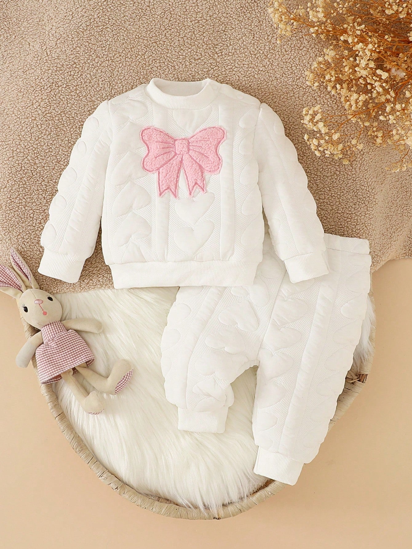 Infant Clothes Autumn/Winter New Sweet Cute Sweatshirt & Fuzzy Long Pants 2 Pieces Set, Pink Cute Bear Head Pattern Little Bear Outfit Baby Clothes Set