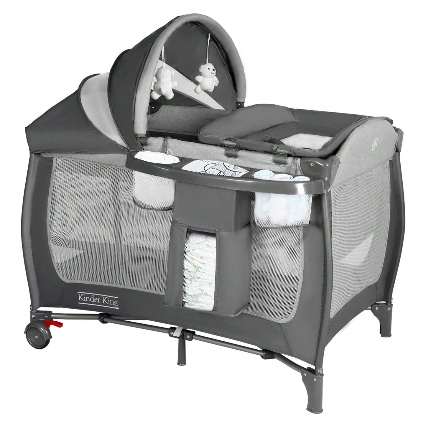 Kinder King 4-In-1 Portable Baby Bassinet, Foldable Bedside Crib With Adjustable Canopy, Storage Basket For Infants & Toddlers, Gray