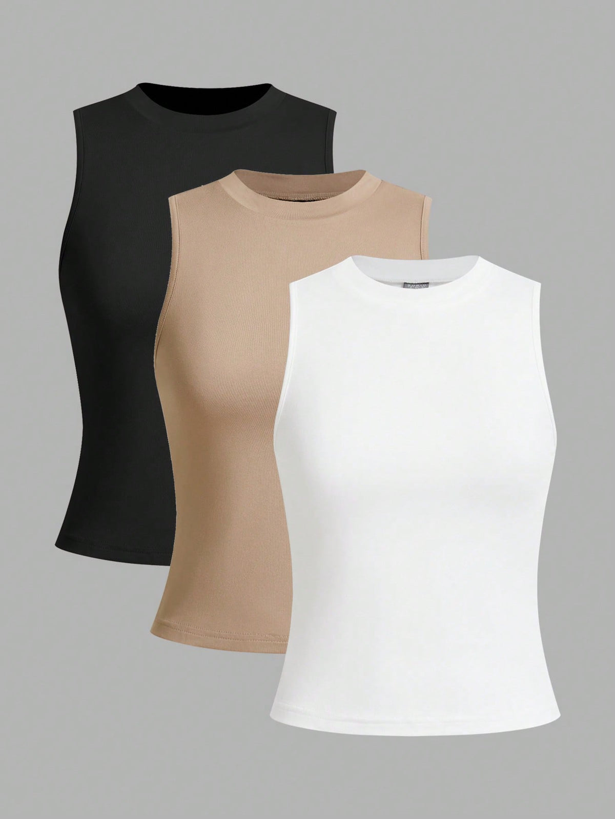 LUNE 3pcs Women Crew Neck Form-Fitting Camisole, Basic Summer Essentials Back To School,Casual Minimalist Basic Everyday Daytime Black Beige White