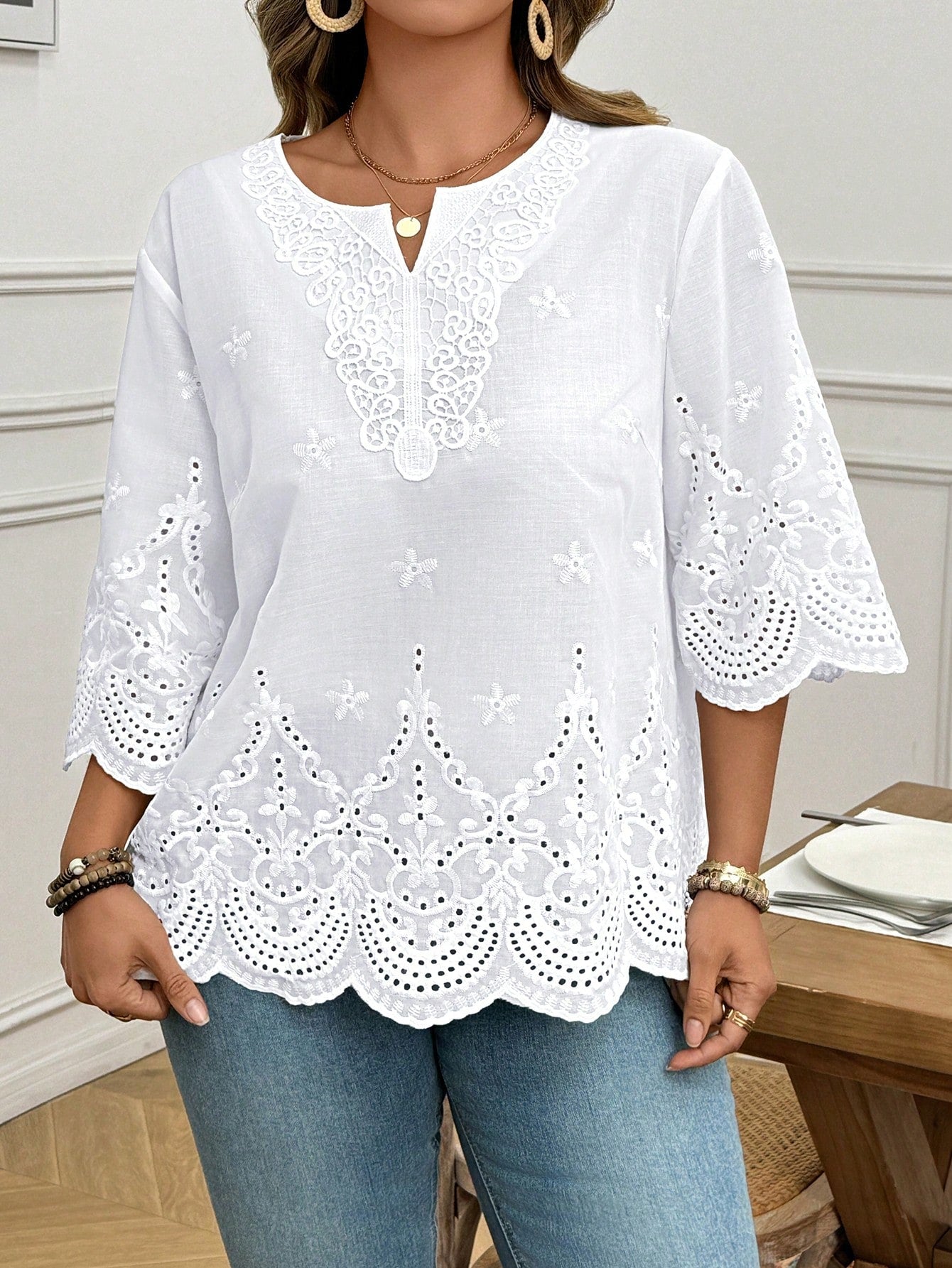 LUNE Plus Size Vacation Casual Solid Color Hollow Embroidered Blouse Summer For Vacation Wedding Season Summer Top Summer New Design Beach For Woman Fall