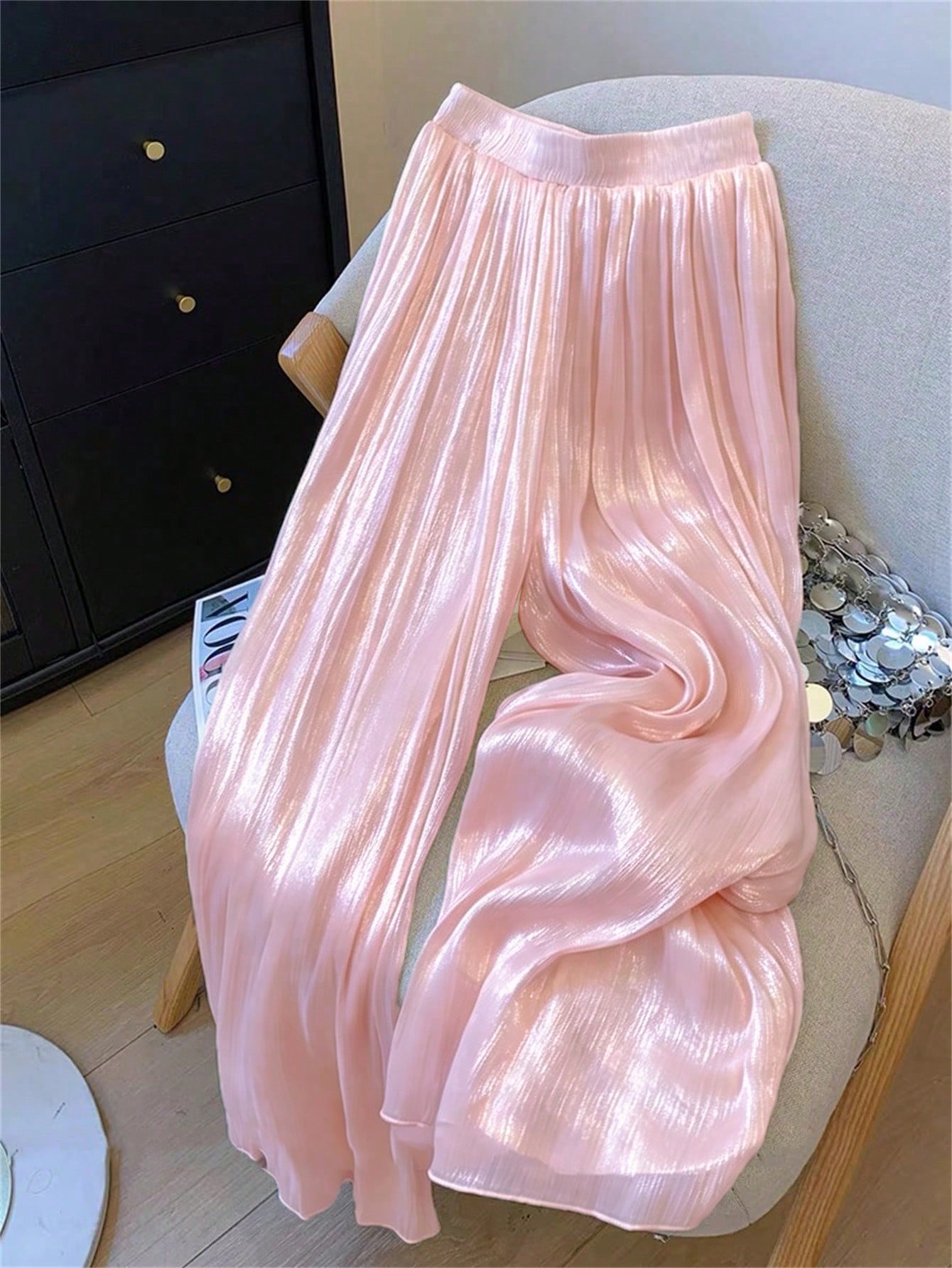 LUNE Women's Elegant Crinkle Elastic Waist Long Pants, Summer