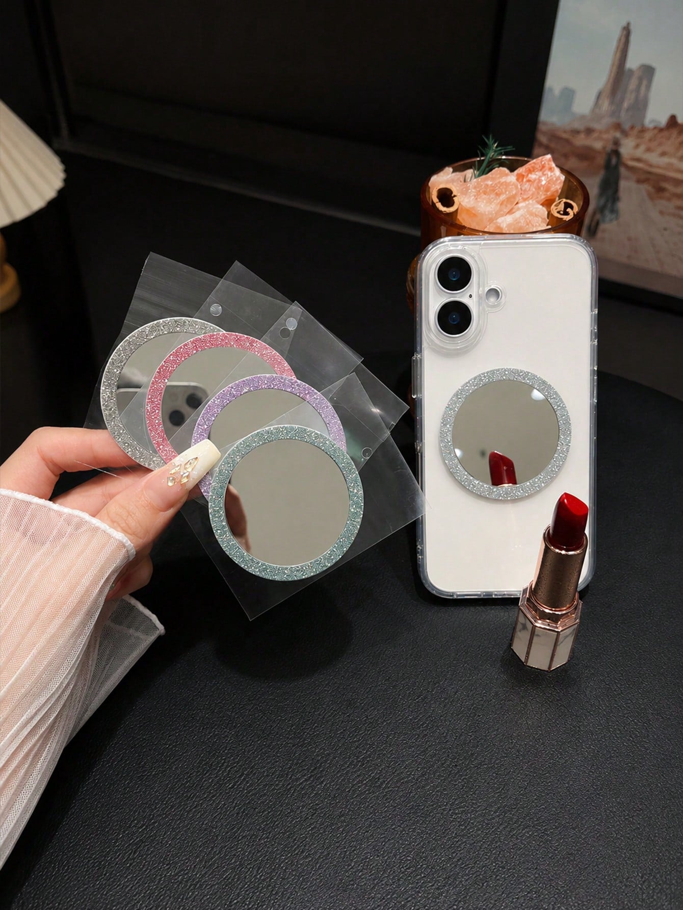 Magsafe Wireless Charging Glitter Mirror Magnetic Ring, Ultra-Thin Creative Strong Adsorption Phone Magnetic Sheet, Makeup, Selfie Accessory, Magnetic Phone Stand Universal Magnetic Sheet, Suitable Fo