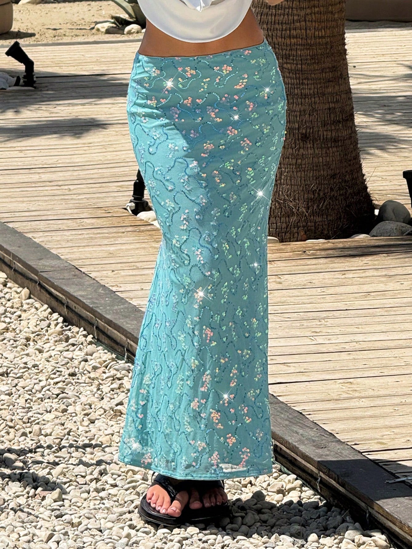 MainGRL Women's Clothing Casual Elegant Holiday Beach Seaside Sequins Embroidery Style Blue Sequins Decoration Fishtail Hem Mermaid Skirt