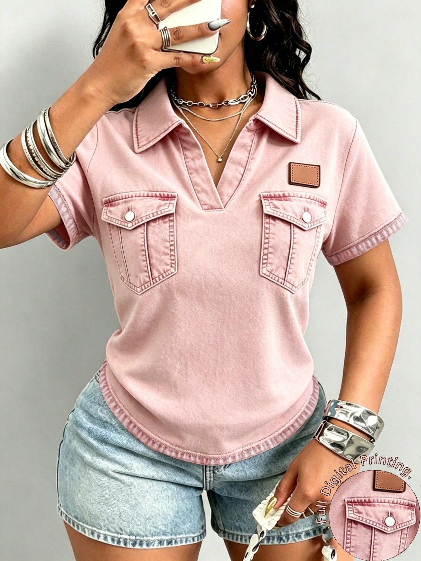 Maweii Women's Casual Retro Short-Sleeved Polo-Neck T-Shirt, Pink T-Shirt With Faux Pocket Pattern Print.