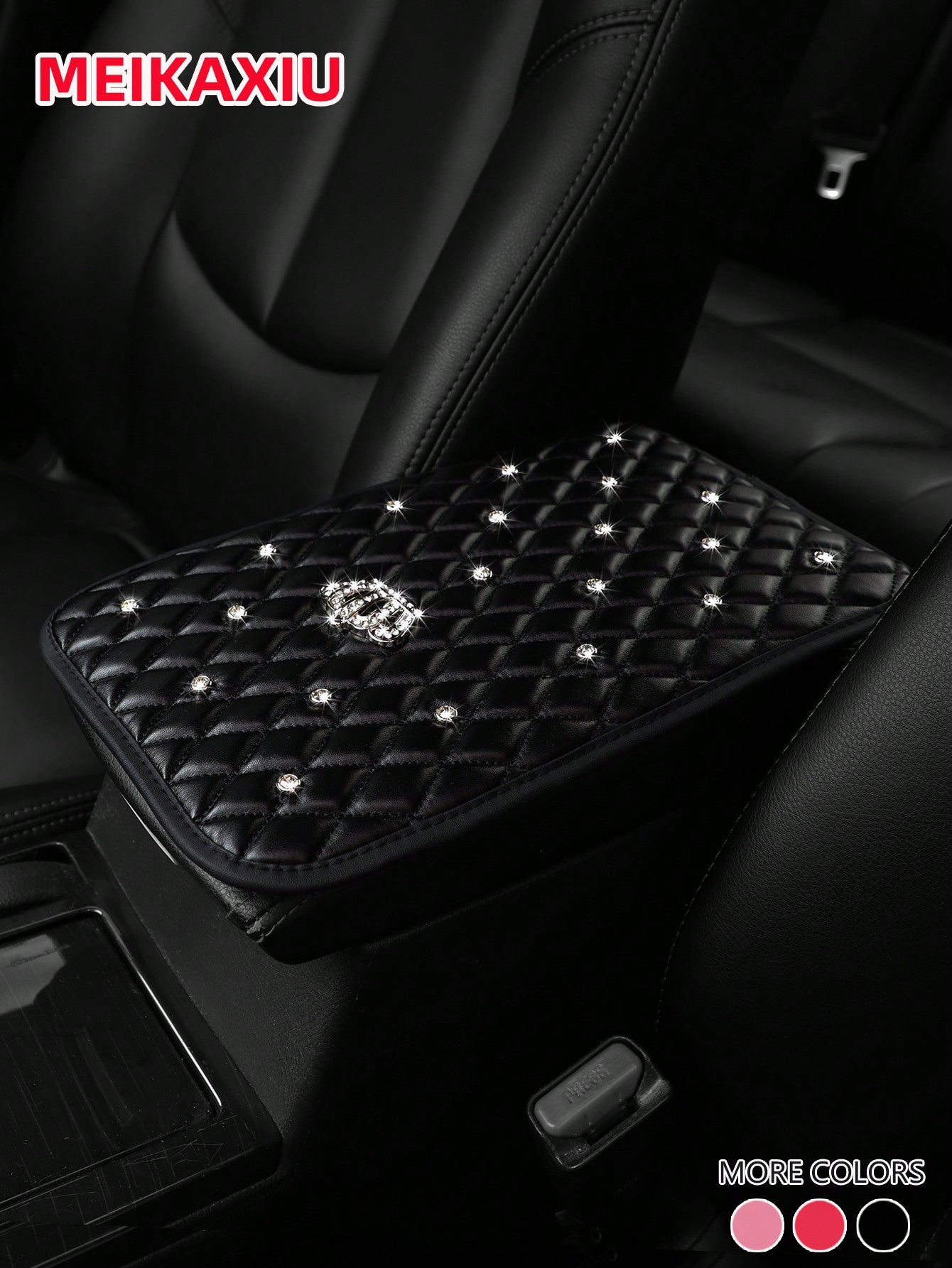 MEIKAXIU 1pc Bling-Bling Diamond Inlaid PU Faux Crown Comfortable Soft New Car Armrest Pad Universal For Men And Women, All Seasons