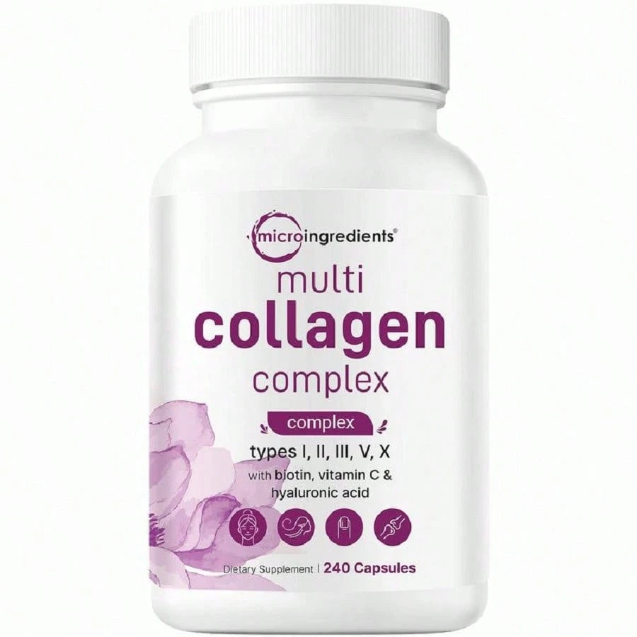 MicroIngredients Multi Collagen Pills For Women & Men, 240 Capsules| Type I, II, III, V, X| Hydrolyzed Peptides With Biotin, Hyaluronic Acid, & Fat Soluble Vitamin C Complex| Non-GMO, Filler Free V