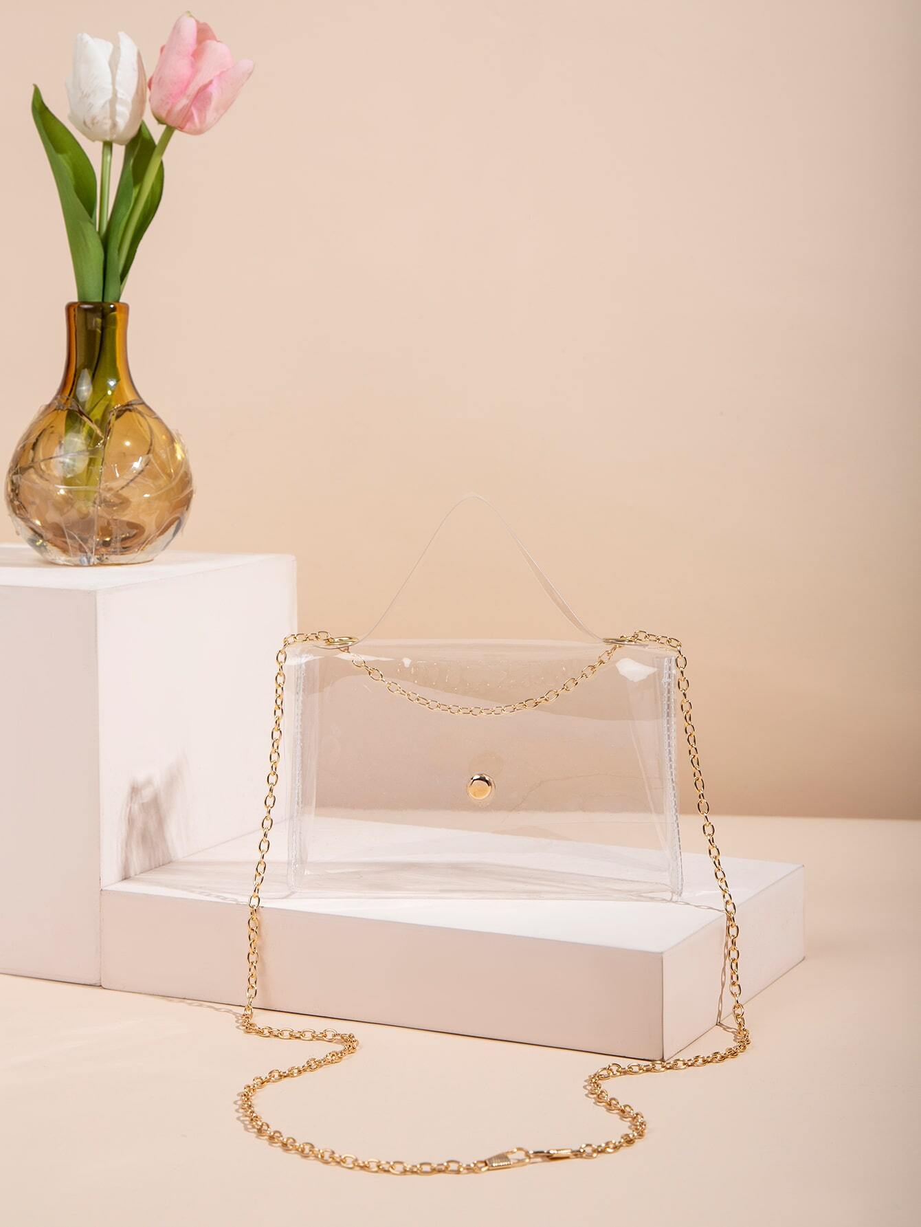 Mini Clear Snap Button Chain Square Bag, Stadium Approved 12 X 12 X 6 Clear Transparent Purse Bag For Concerts Sports Events Festivals, Waterproof, Sandproof Transparent Bag, Beach Sports Picnic Snack