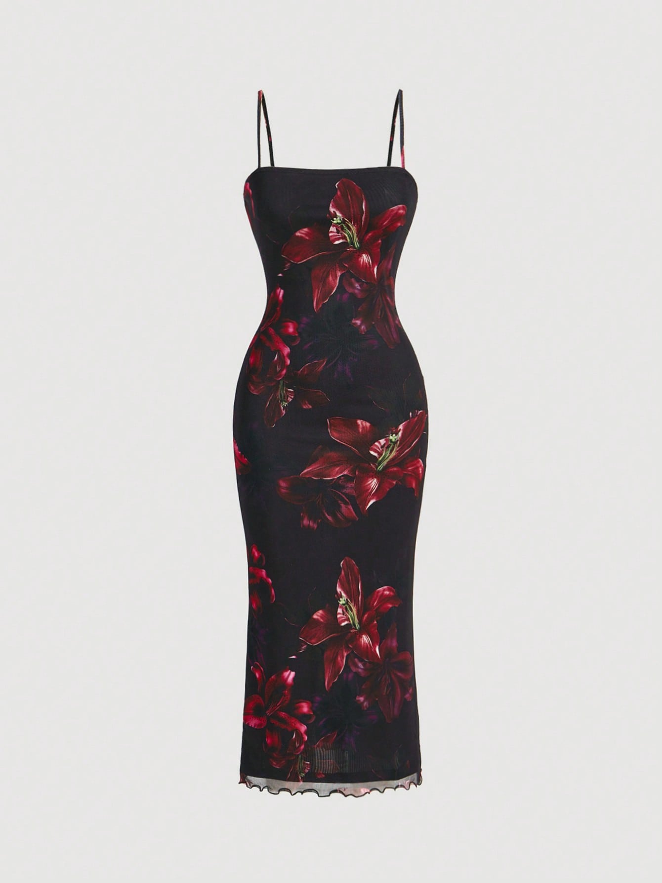 MOD Red Floral Print Mesh Slip Dress, Black And Red Elegant Sexy Summer Party Birthday Outfits, Women's Cruise Prom Wedding Guest Night Dinner Beach Curve