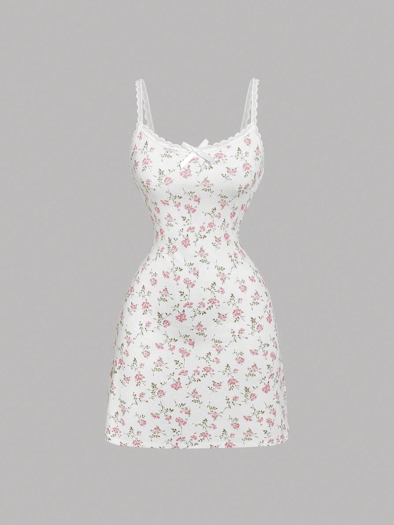 MOD Women's Ditsy Floral Lace Trim Mini Knitted Dress, Summer Mini Dress Date Evening White And Pink Cottagecore