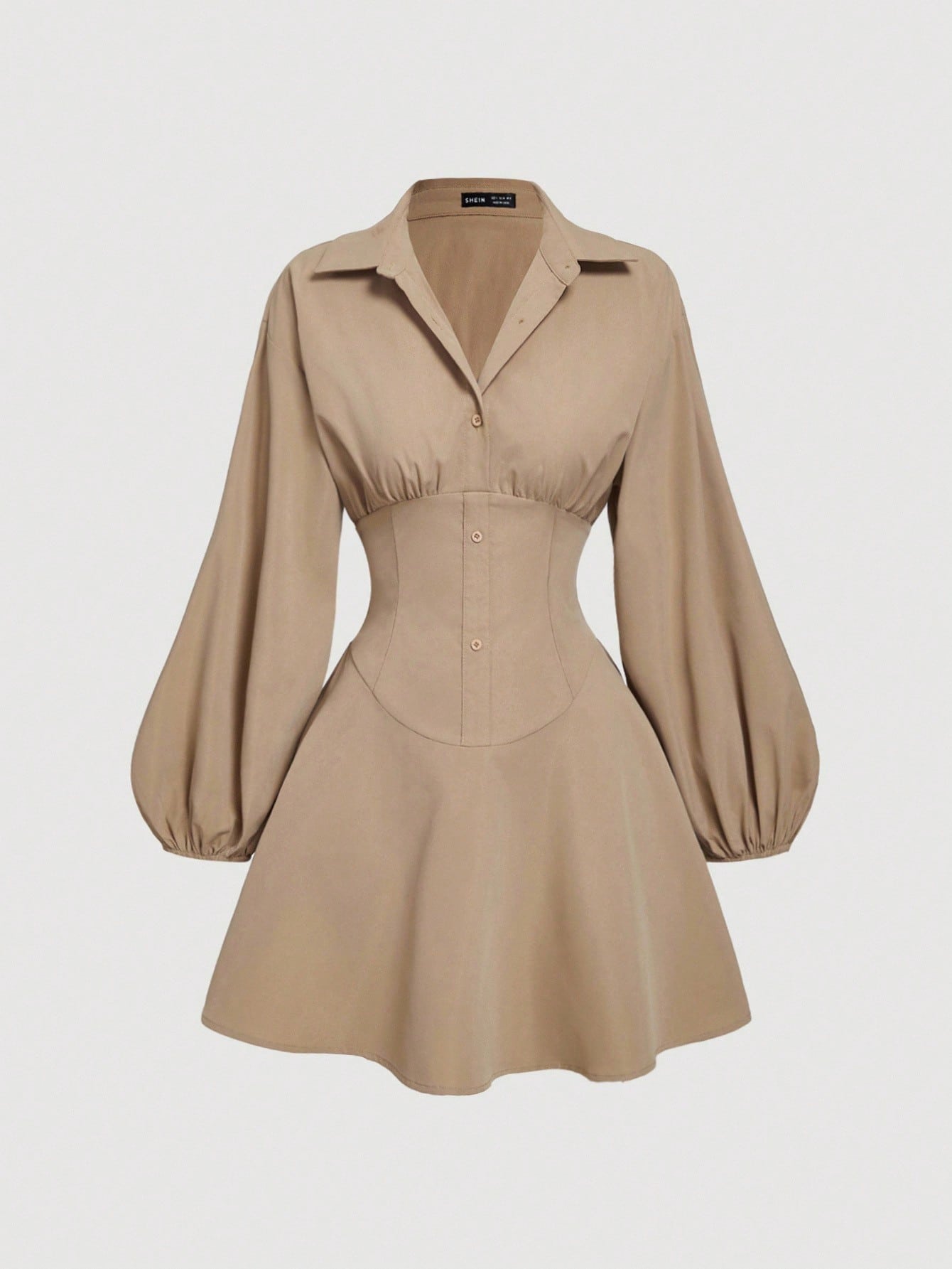 MOD Women's Fitted Long Sleeve Khaki Shirt Dress With Puff Sleeves, Oversized Elegant Button Up Teachers' Day Office Autumn