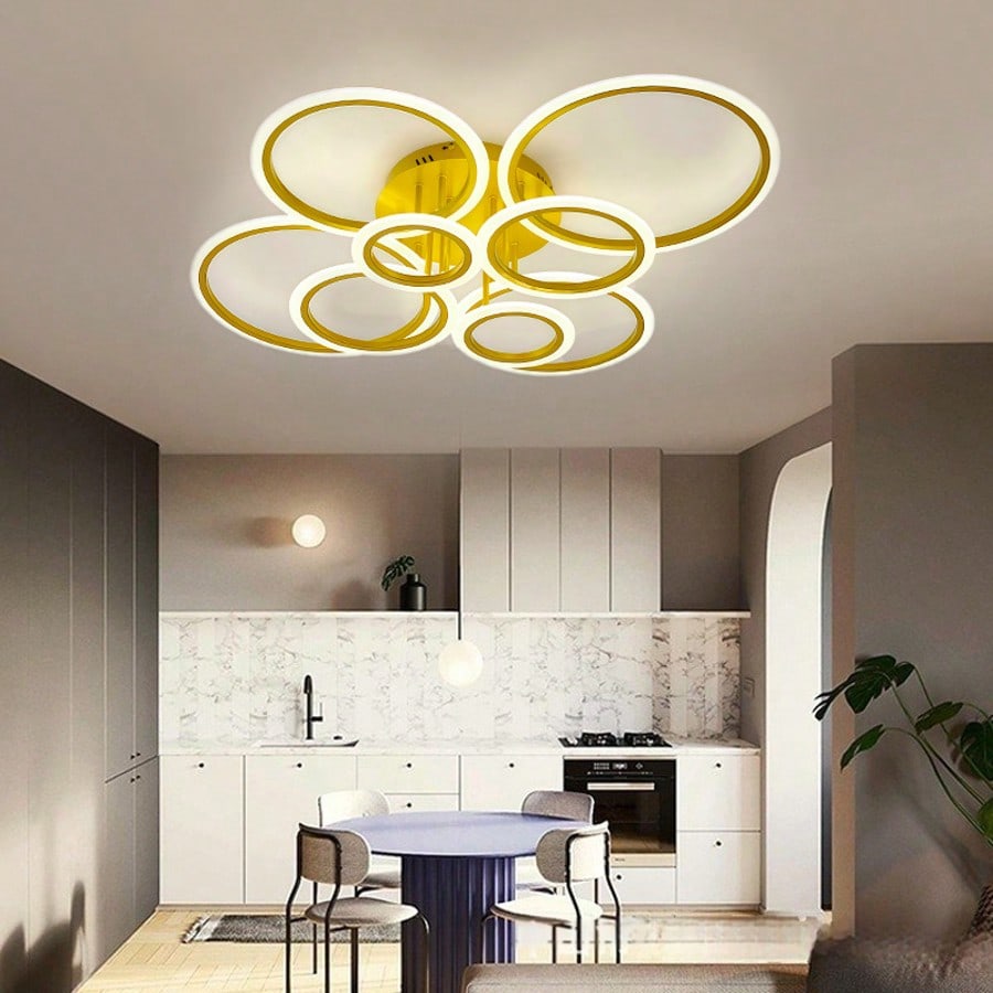 Modern Interlocking Ring LED Ceiling Light, 8 Rings Optional, 3 Color Dimmable, Gold Black White, Flush Mount Lamp For Living Room Bedroom Indoor Home Decor