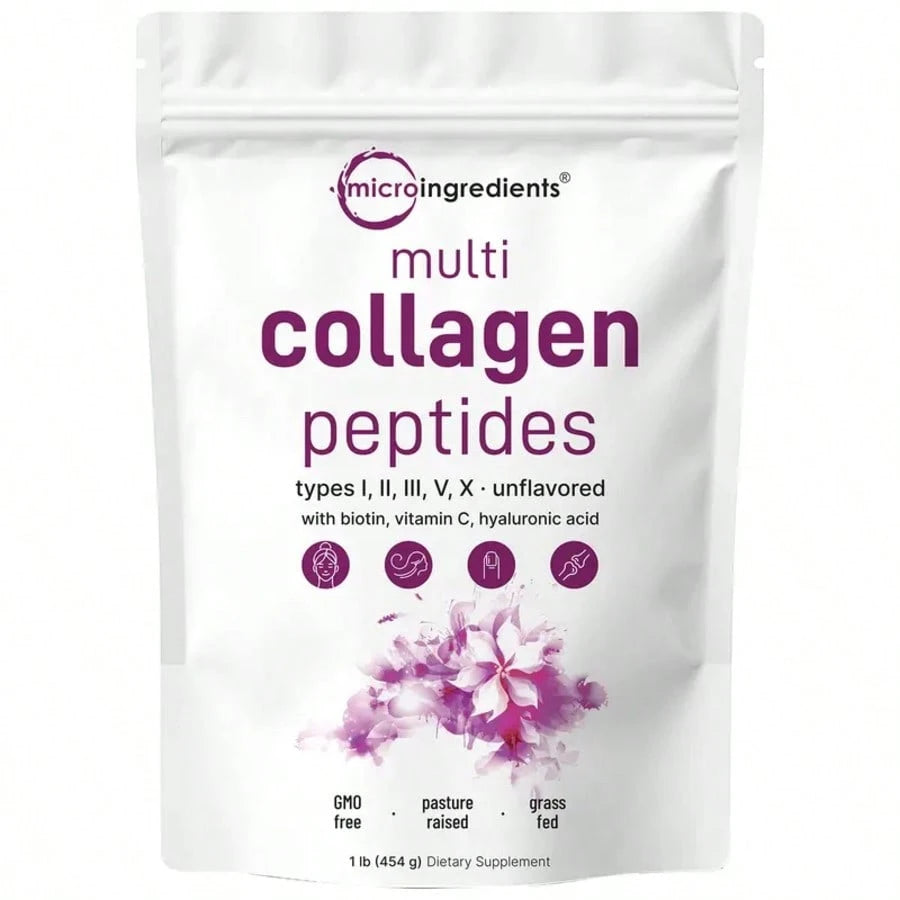 Multi Collagen Peptides Powder- Hydrolyzed Protein Peptides (Type I,II,III,V,X) With Hyaluronic Acid, Biotin & Vitamin C Unflavored