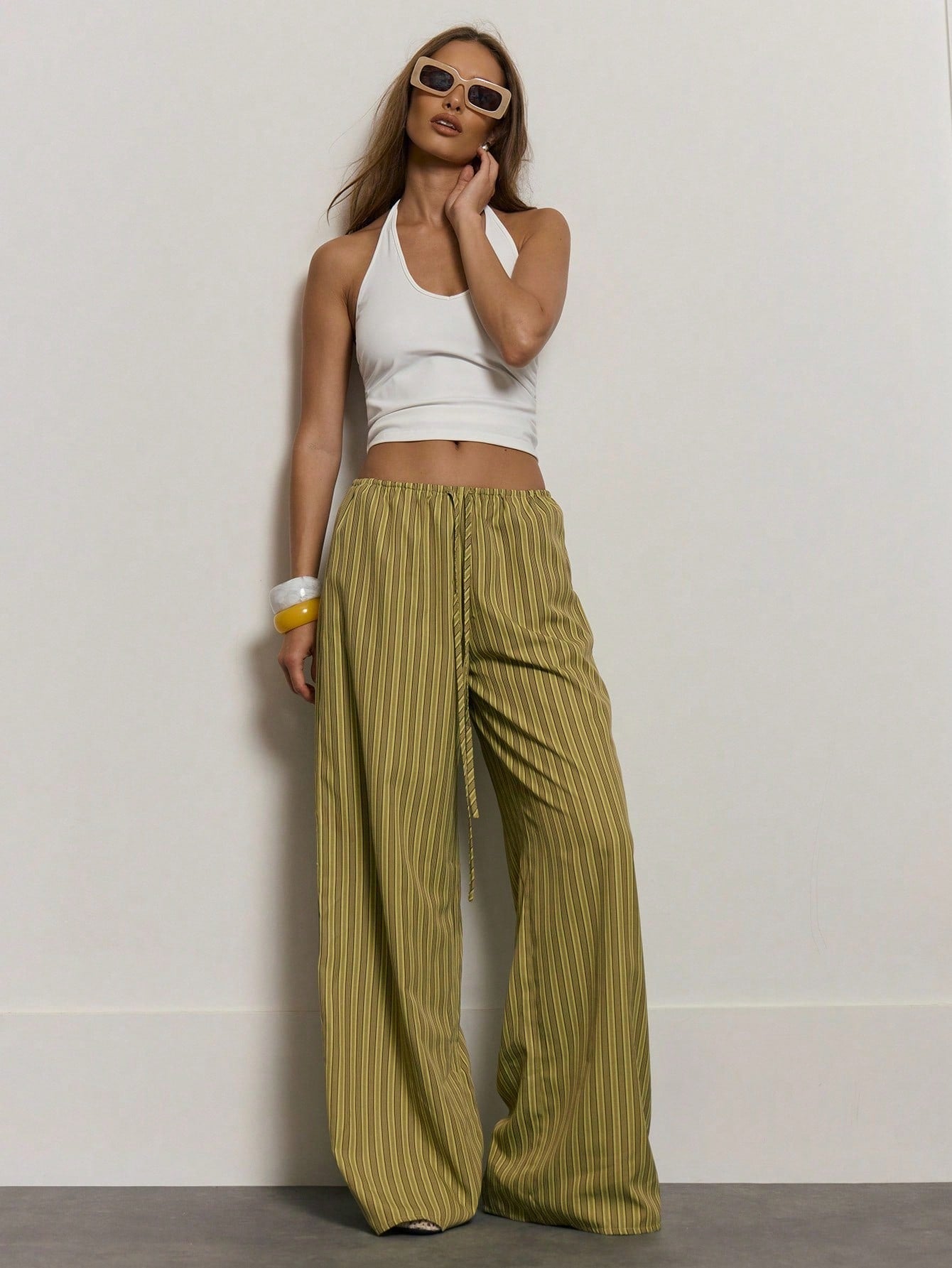MUSERA Stripe Drawstring Wide Leg Trousers Cute Summer Holiday Vacation Casual Elegant Beach Linen Style Trousers Collective Office Attire For Women Office Wear Women Spring Pants