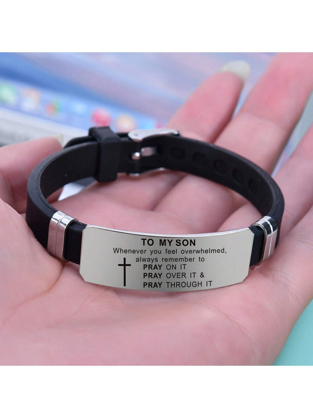 My Son's Inspiring Bracelet, My Son's Prayer Cross Bracelet, Men's Stainless Steel Bracelet, Religious Jewelry, Christmas Gift, Graduation Gift