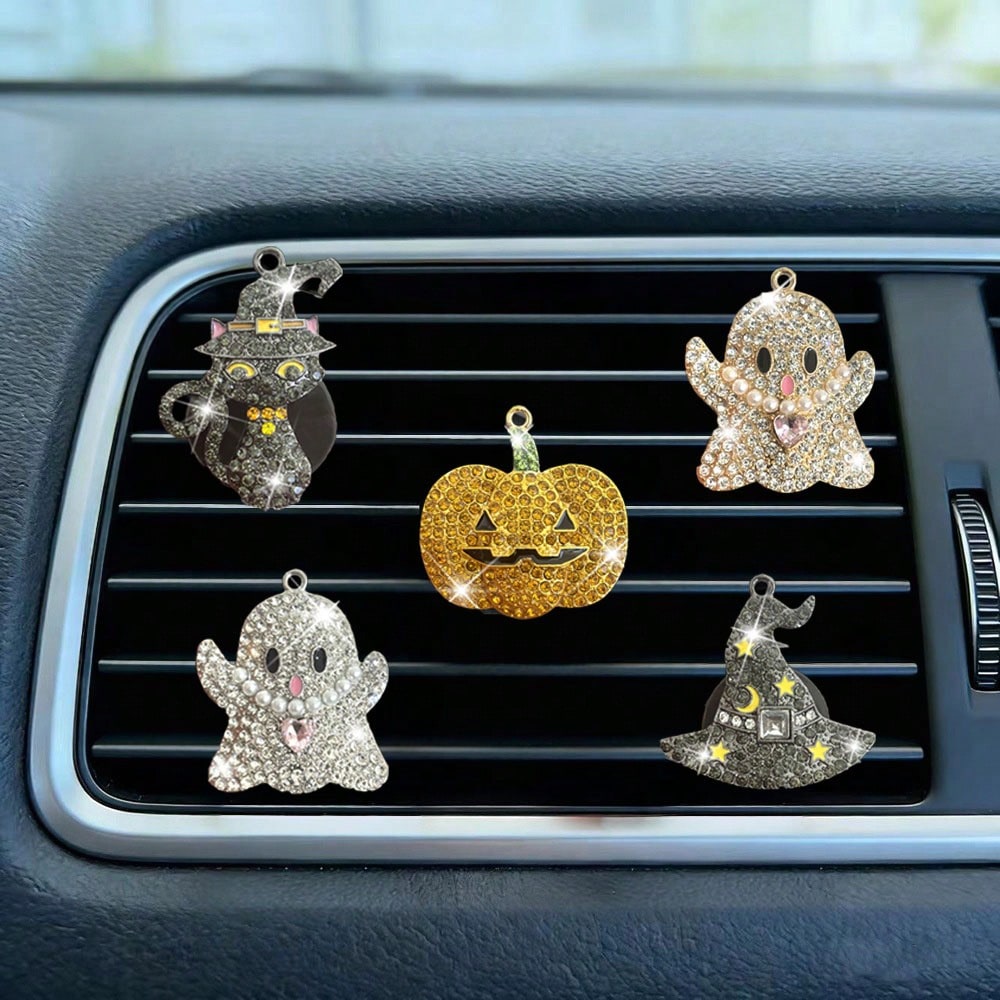 New Halloween Rhinestone Ghost Hat Pumpkin Black Cat Car Decoration Clip Air Vent Decor Aromatherapy (Decoration Only, No Scent)