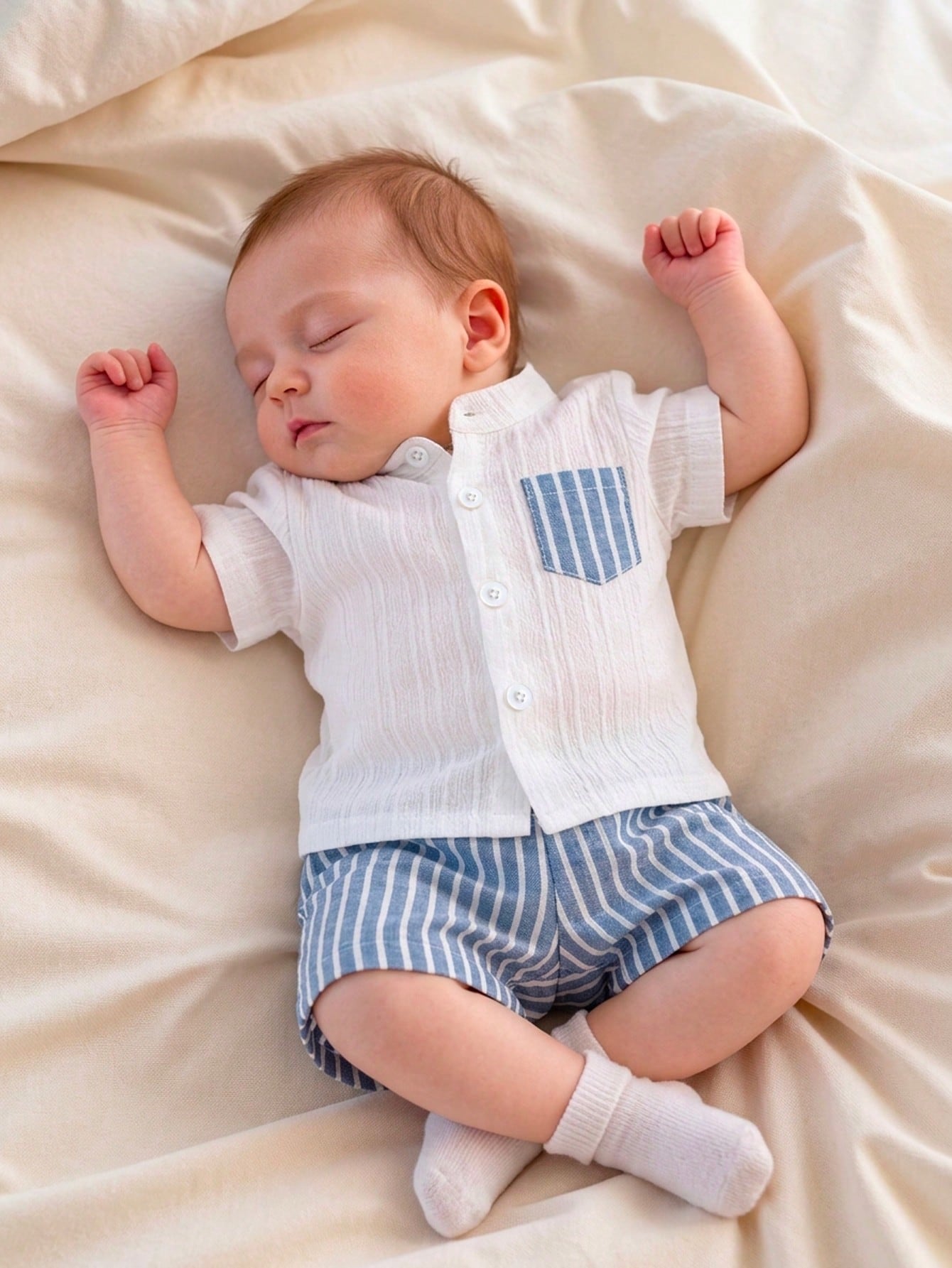 Newborn Baby Boy Gentleman Style Short Sleeve Outfit, Minimalist Artistic Casual Summer Wear For Infants