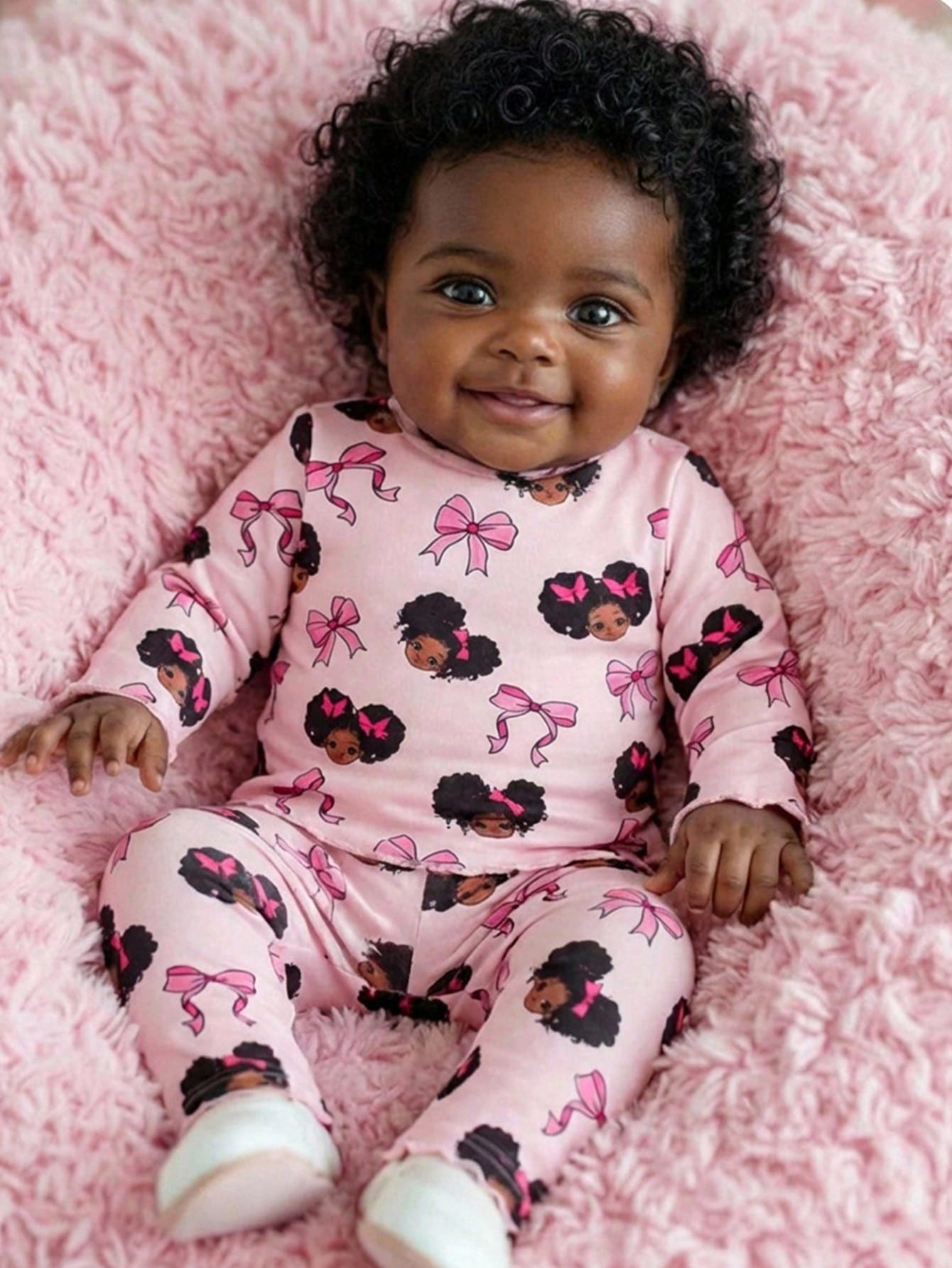 Newborn Baby Girl Outfit With Bow, Graphic Patchwork, Casual Style