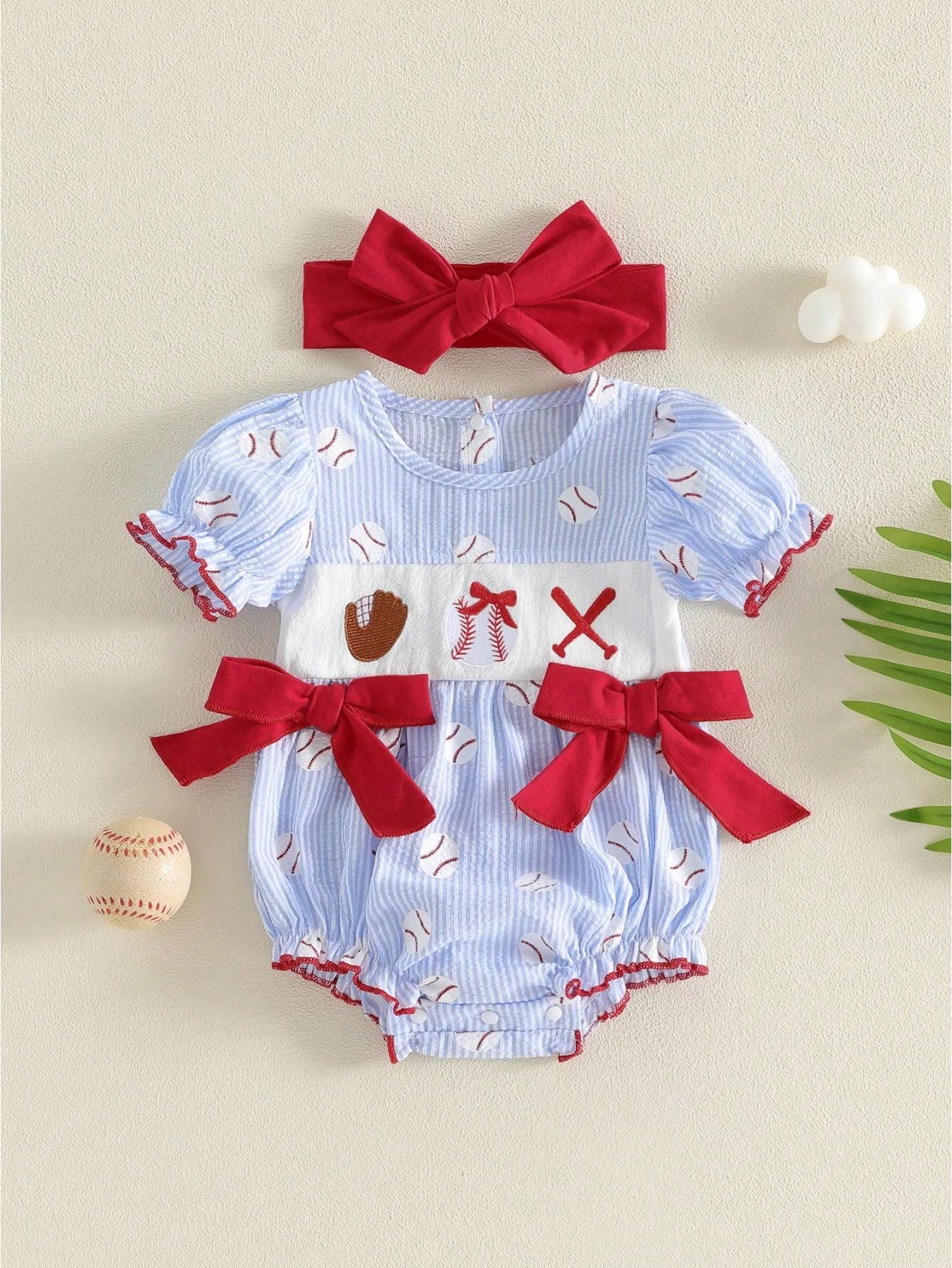 Newborn Baby Girl Short Sleeve Baseball Bubble Romper Striped Jumpsuit With Headband Cute Summer Clothes