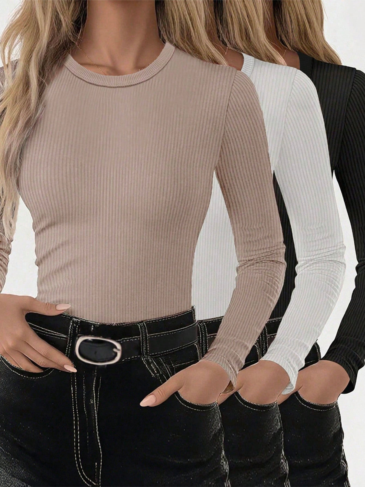 NostaNoir 3pcs Women All-Match Solid Color Slim Fit Long Sleeve T-Shirts, Versatile Fall Cloth For Women