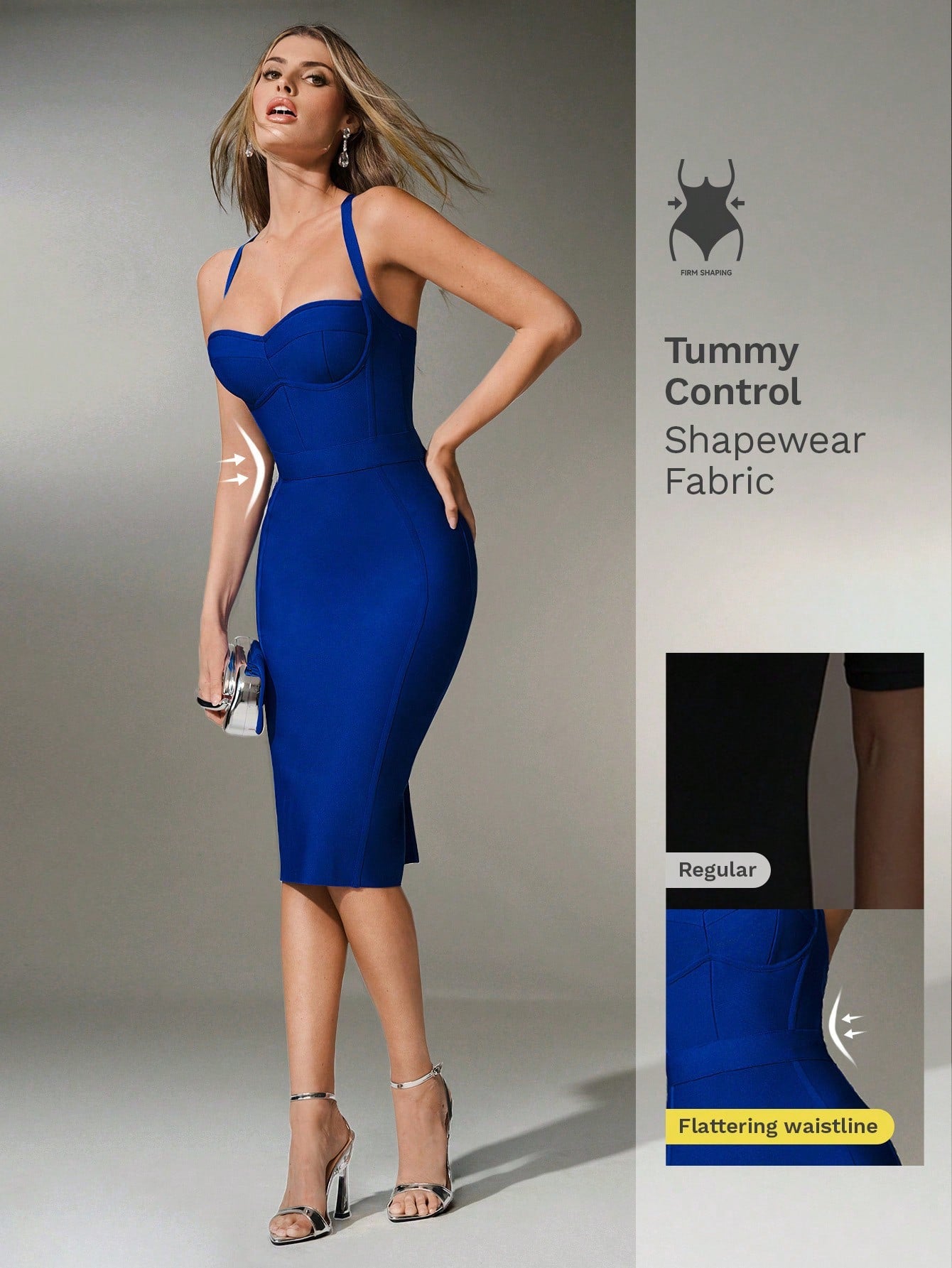 Nuvra Royal Blue Summer Bandage Bodycon Knit Dress For Women,Night Out Spaghetti Strap Tummy Control Midi Pencil Dress,Elegant Party & Banquet Gown