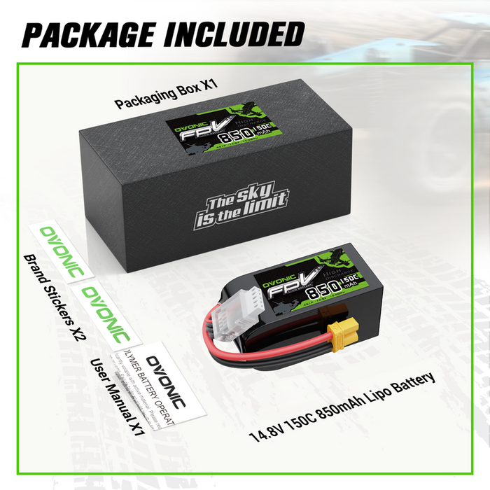 OVONIC 11.1V 150C 850mAh 4S LiPo Battery with XT30 Plug for 4S FPV Cinewhoop & Racing Drones