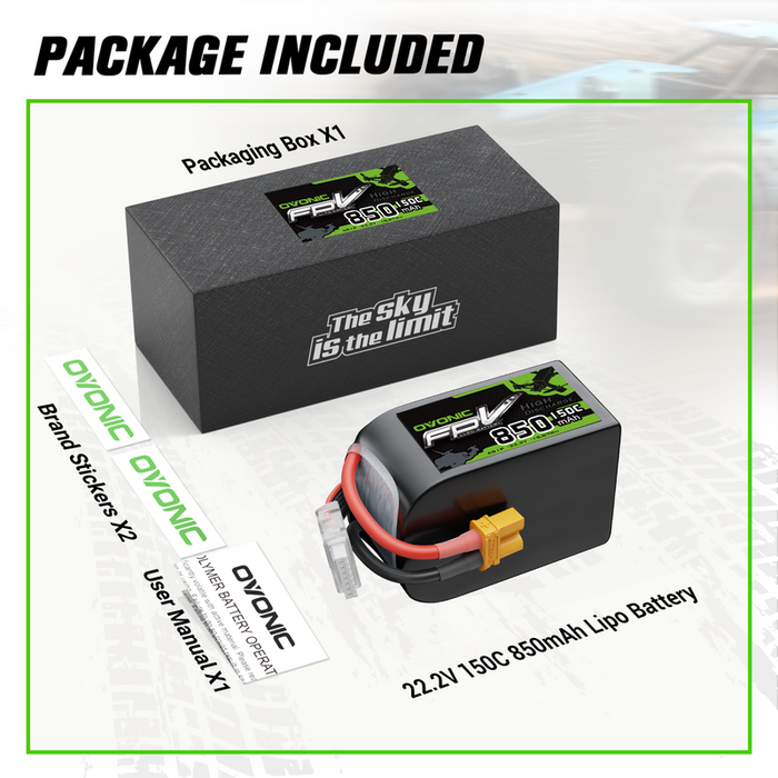 OVONIC 11.1V 150C 850mAh 6S LiPo Battery with XT30 Plug for 90-180mm Brushless FPV Drones Cinelog & Protek25