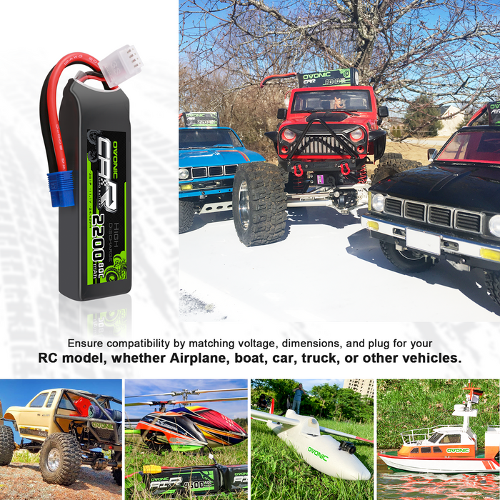 Ovonic 3S 2200mAh 80C 11.1V LiPo Battery with EC3 Plug for 1/10 & 1/8 RC Car Truck (2 Packs)