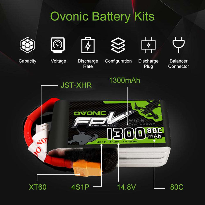 OVONIC 4S LiPo Battery Pack 1300mAh 80C 14.8V with XT60 Plug for Mini Drone