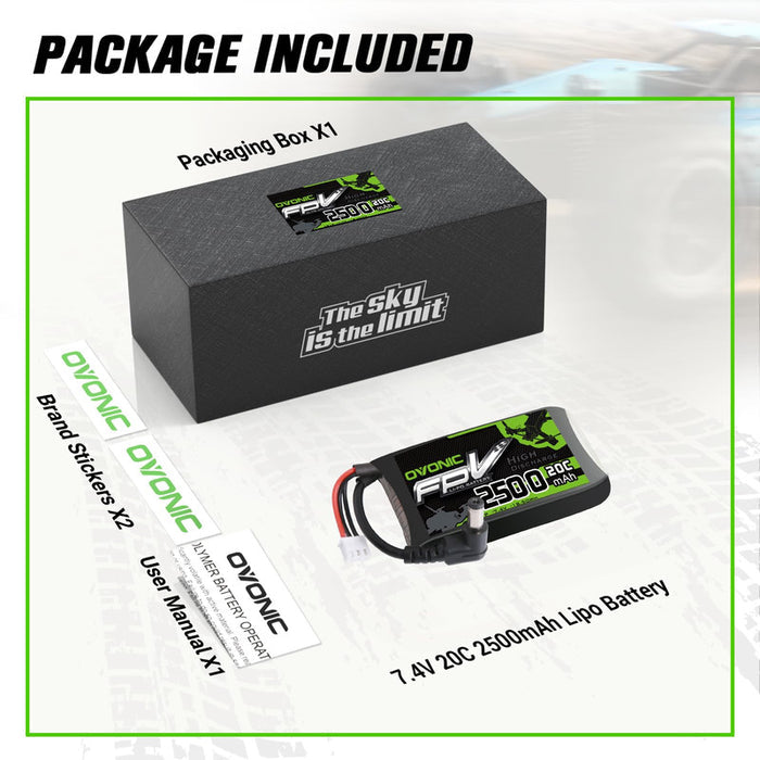 OVONIC 7.4V 20C 2500mAh 2S Lipo Battery with DC-5521 Plug for FPV Fatshark Goggles