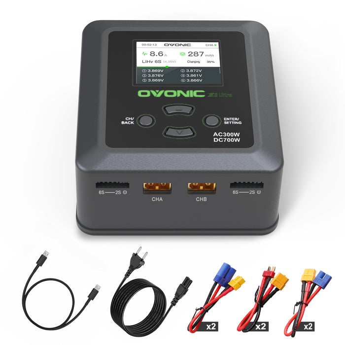 Ovonic X1 Ultra Bluetooth Smart Charger | AC 300W/DC 700W Dual Channel LiPo Balance Charger | 16A High-Speed Charging & App Control for 1-6S RC Batteries