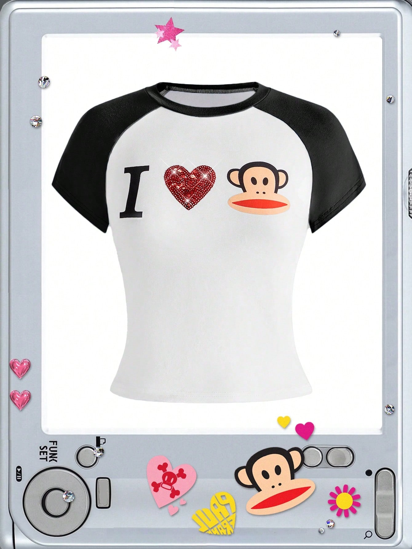 Paul Frank X ROMWE Subculture Girl Casual Co-Branded I Love Print Raglan Sleeve Fitted T-Shirt For Women