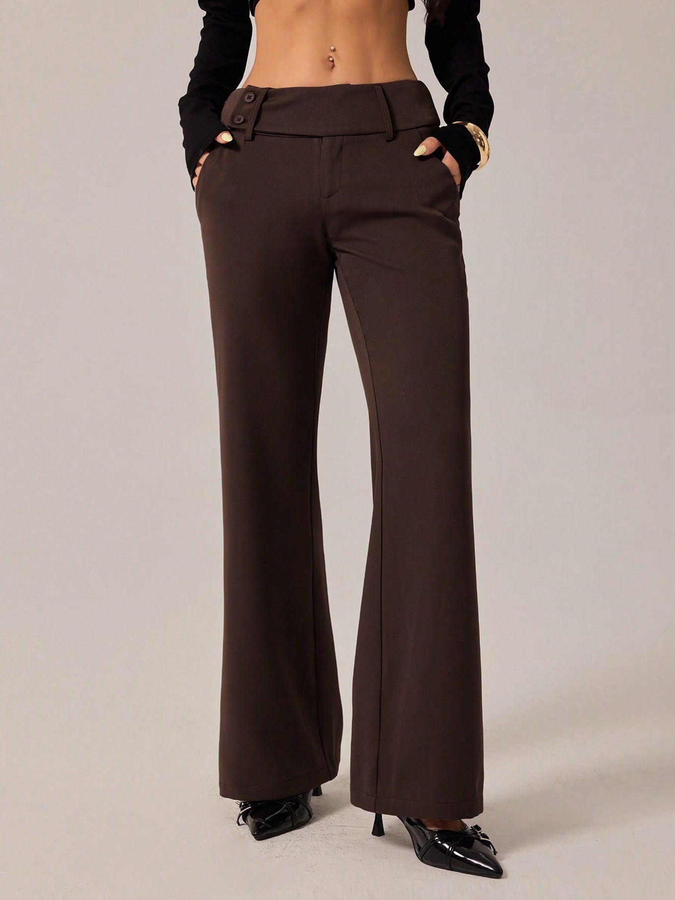 PETITE Women's Brown Autumn Business Casual Elegant Office Flare Leg Pants, Retro Pocket Old Money Chocolate Flared Trousers, Back To School Fashion, Petite