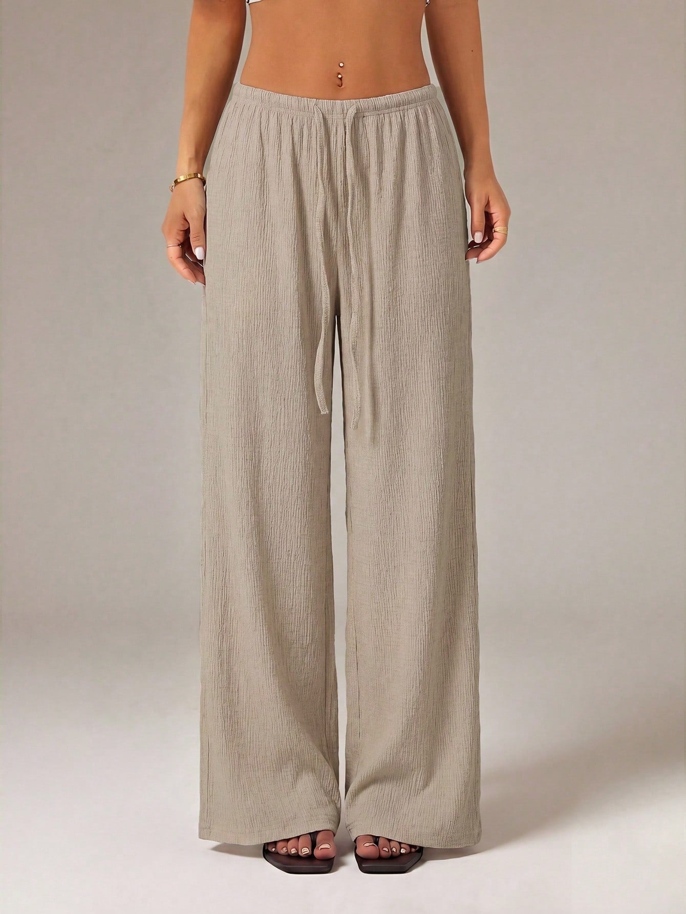 PETITE Women's Solid Color Tie Waist Wide Leg Loose Casual Versatile Pants,Petite Women