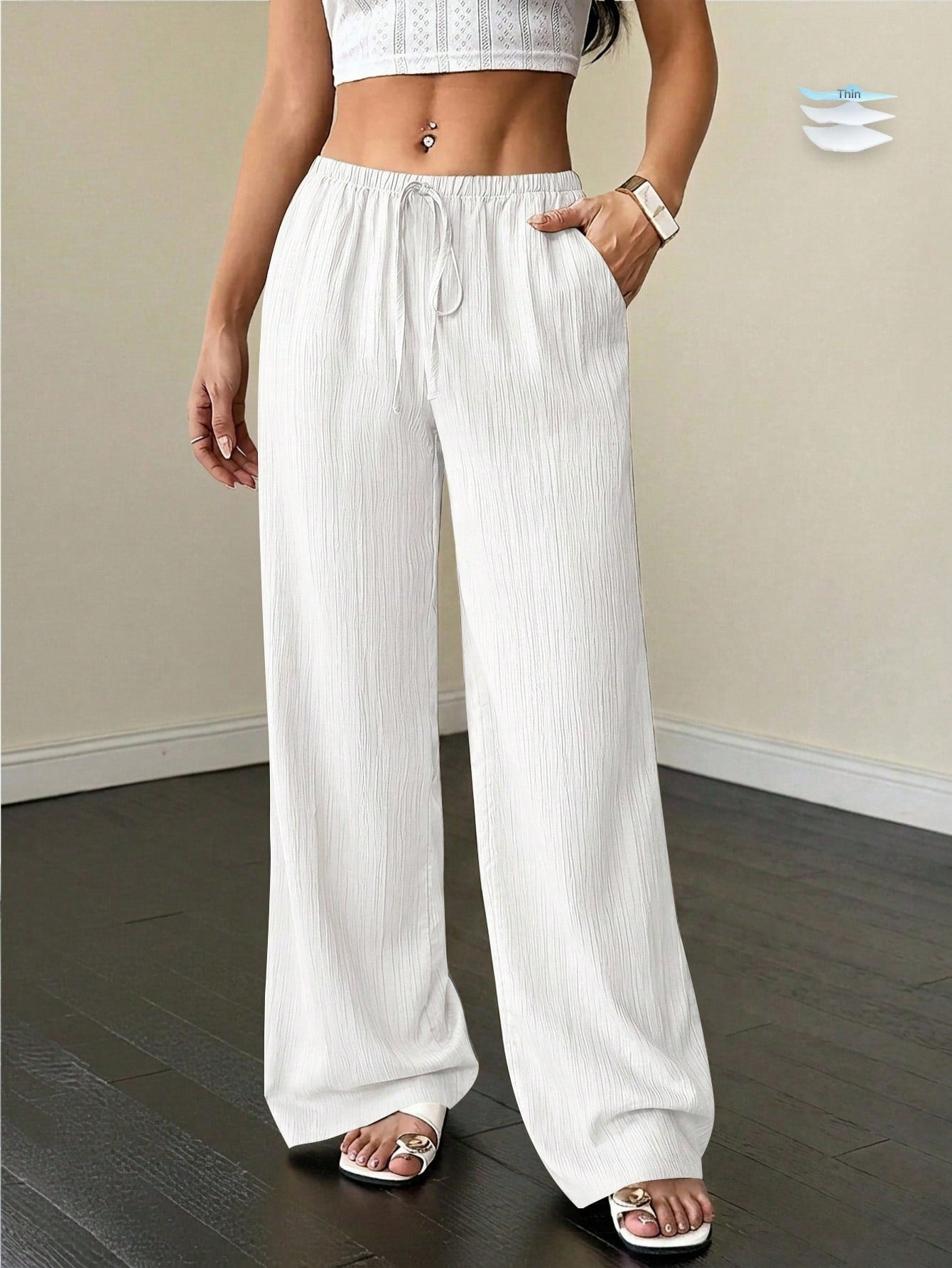 PETITE Women's Textured Waist Drawstring Casual Pants,Petite Women