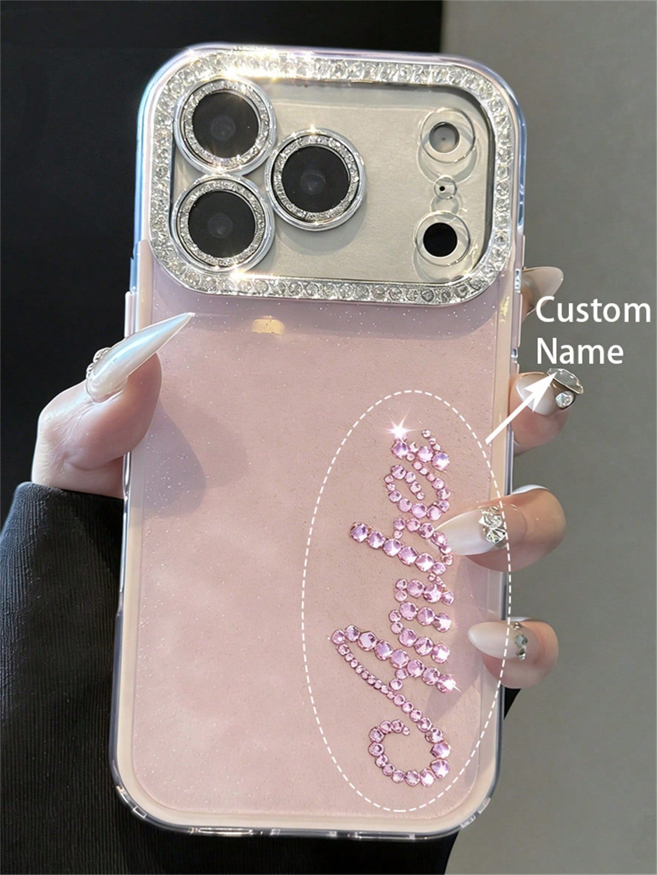 Pink Sparkly Rhinestone Glitter Personalized Letters Name Pattern Phone Case Compatible With 17 Pro Max 17 16 15 14 13 12 Pro Max 14 15 16 Plus Shockproof Protective Cover Aesthetic Mom Birthday Gift