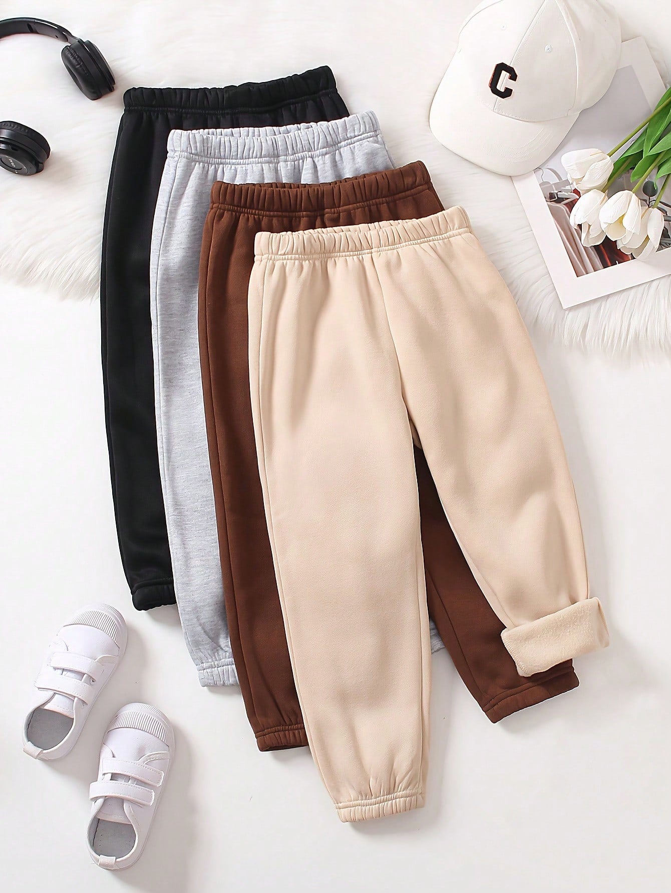Playful Pals 4pcs Baby Girl Casual Active Cowboy Comfortable Minimalist Design Sweatpants Back-To-School House Flower Girls White Brown Grey Black Autumn