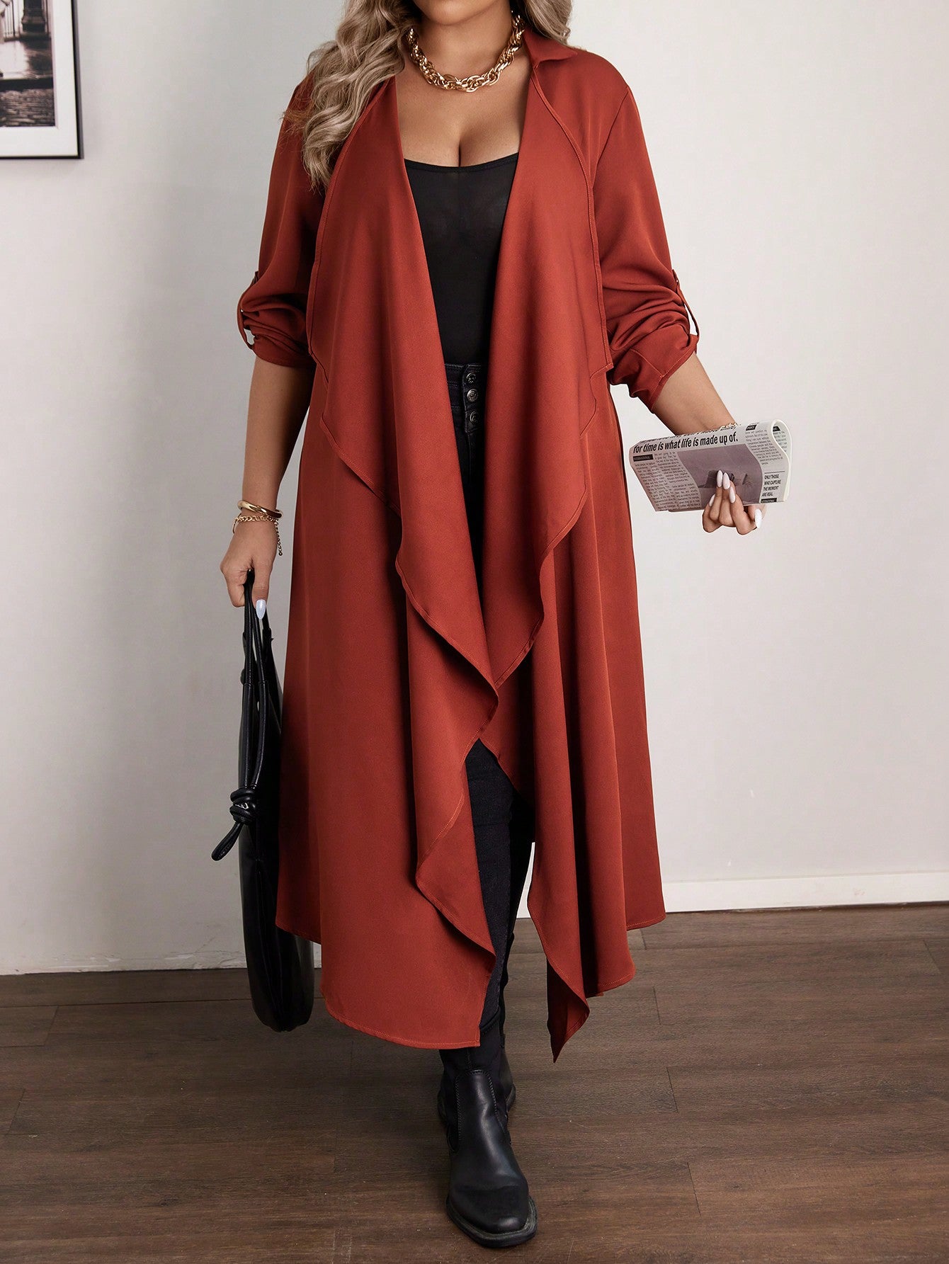 Plus Size Casual Waterfall Collar Long Jacket Fall Women Clotheswomen Long Cardiganlong Cardigans Ladies