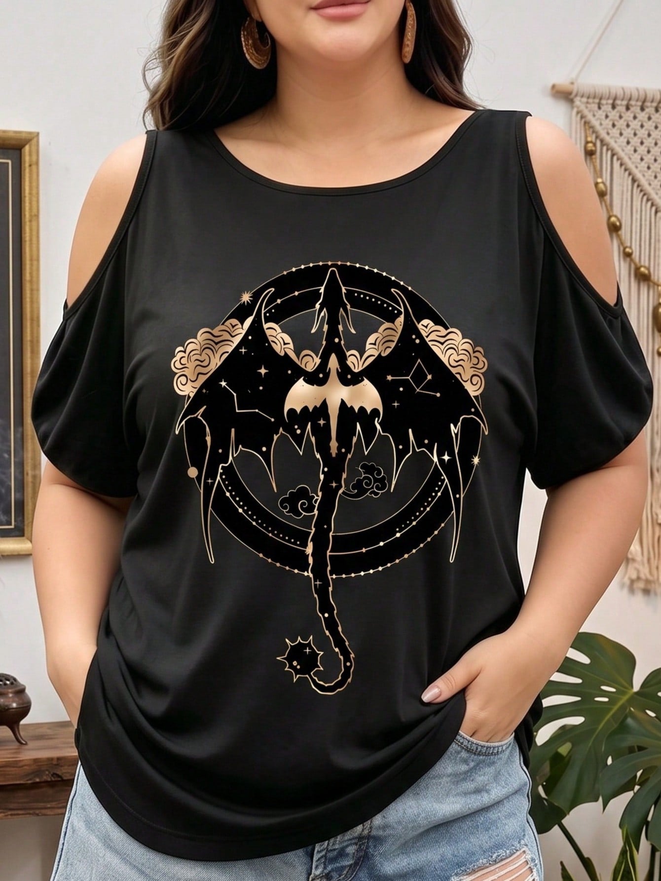 Plus Size- Women'S Oversized Dragon Graphic T-Shirt- Elegant Strapless Cold Shoulder Top With Asymmetrical Design
