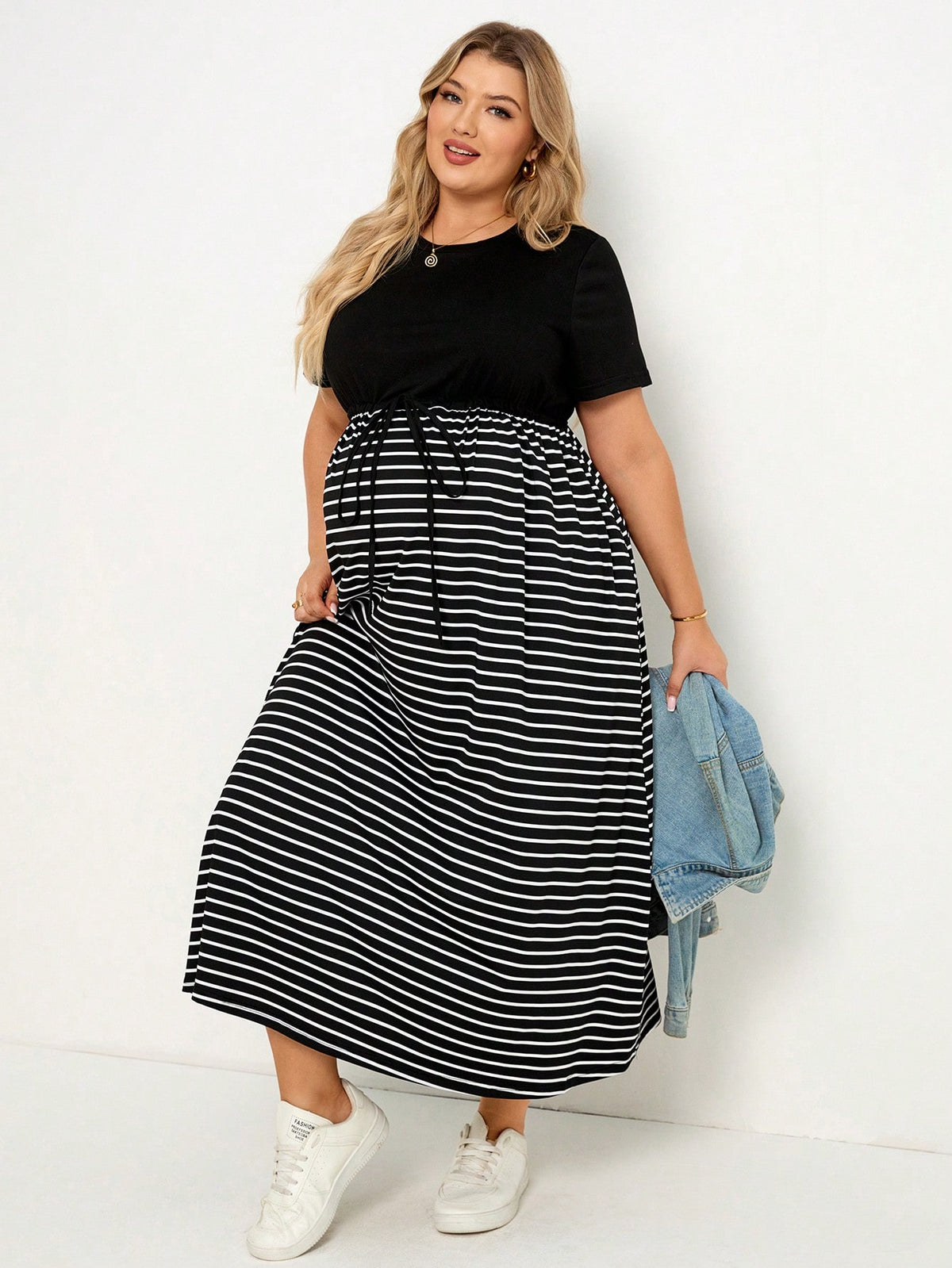 Plussiva Maternity Plus Size Striped Round Neck Short Sleeve Waist Tie Casual Dress