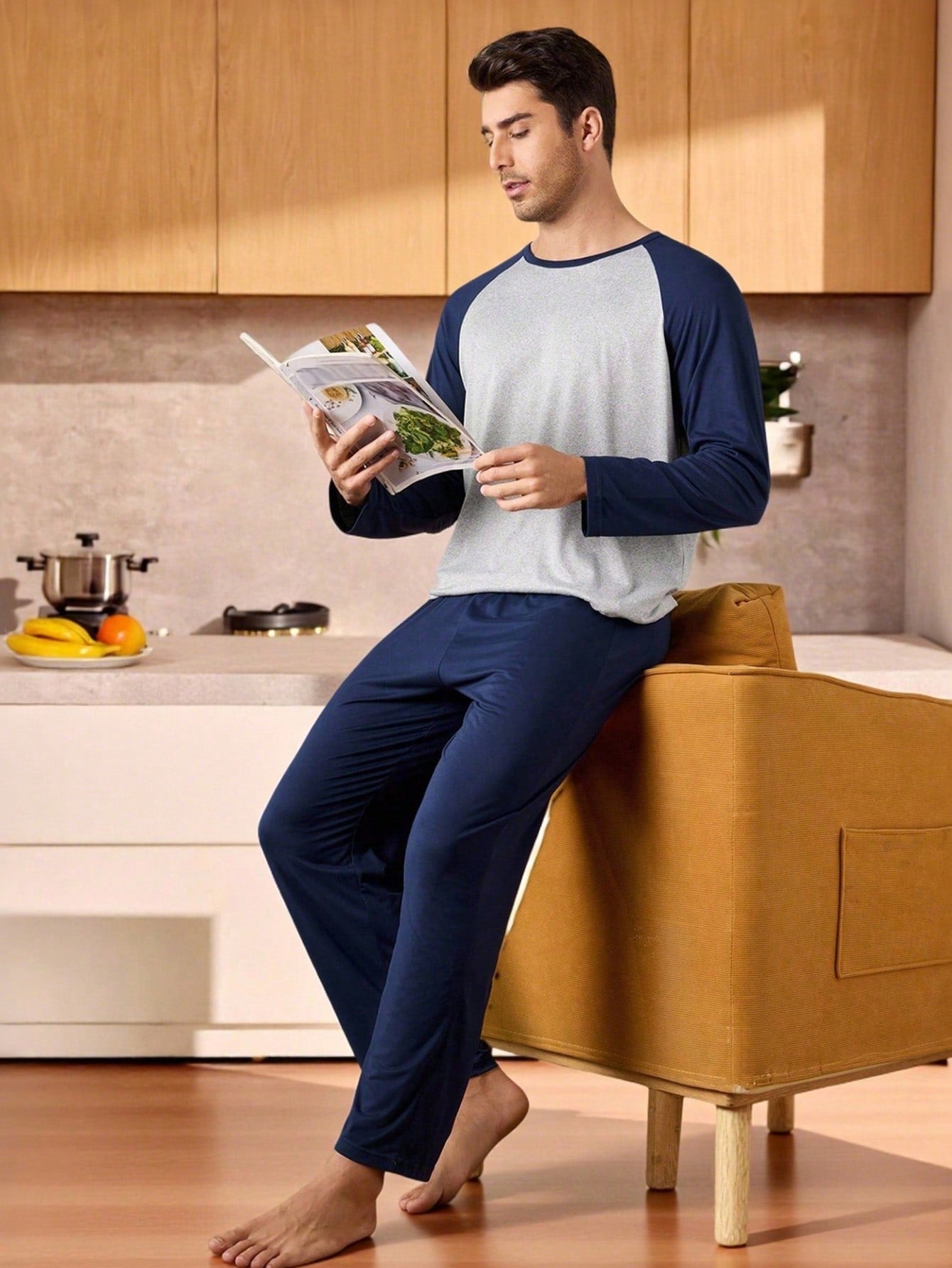 Provexi 2PCS Men's Colorblock Long Sleeve Top & Pants Pajama Set For Men Sleepwear Nightwear, Fall Winter Clothes