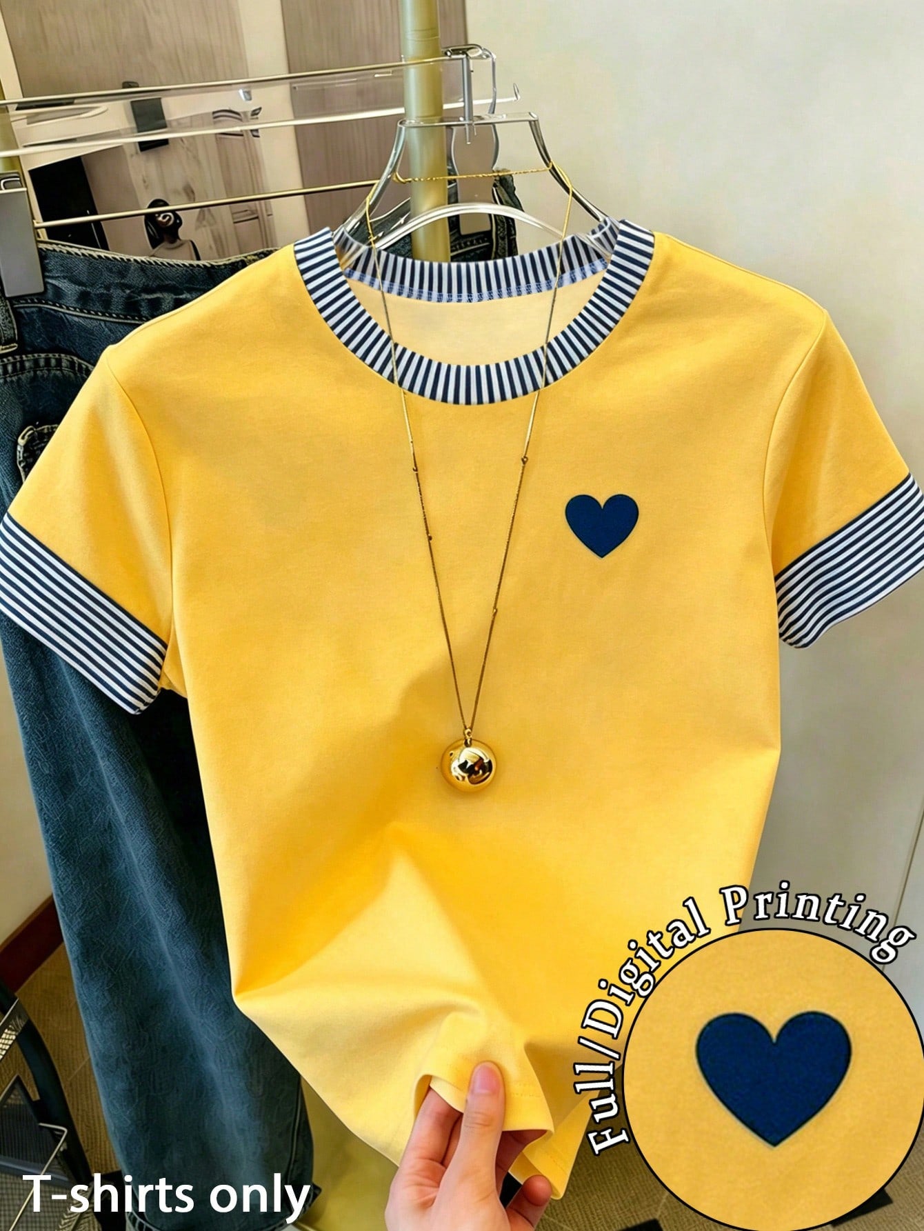 Resyla Women's Striped Heart Print Round Neck Short Sleeve T-Shirt