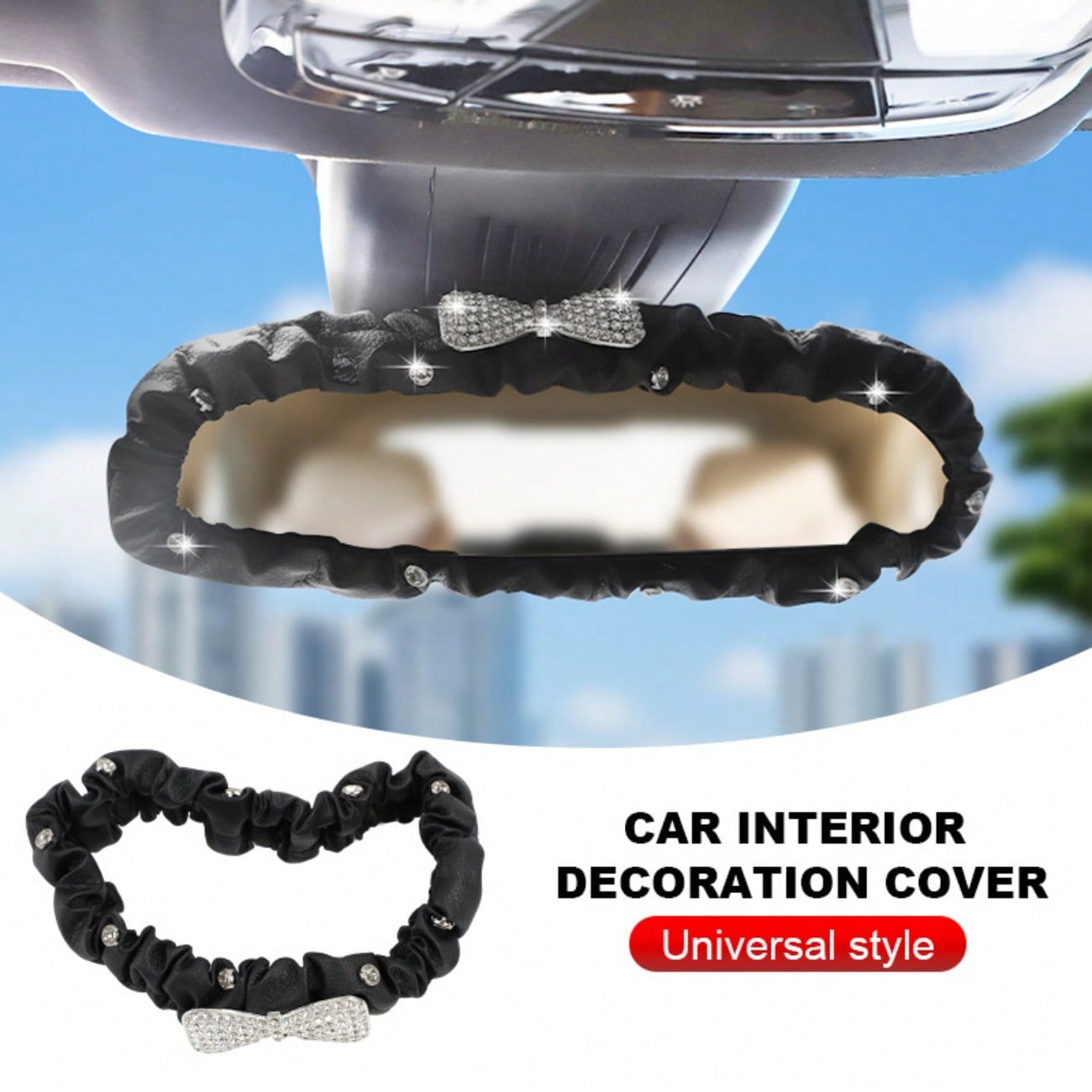 Rhinestone Bow Car Rearview Mirror Cover, Lace Trim Decor Interior Mirror Protector