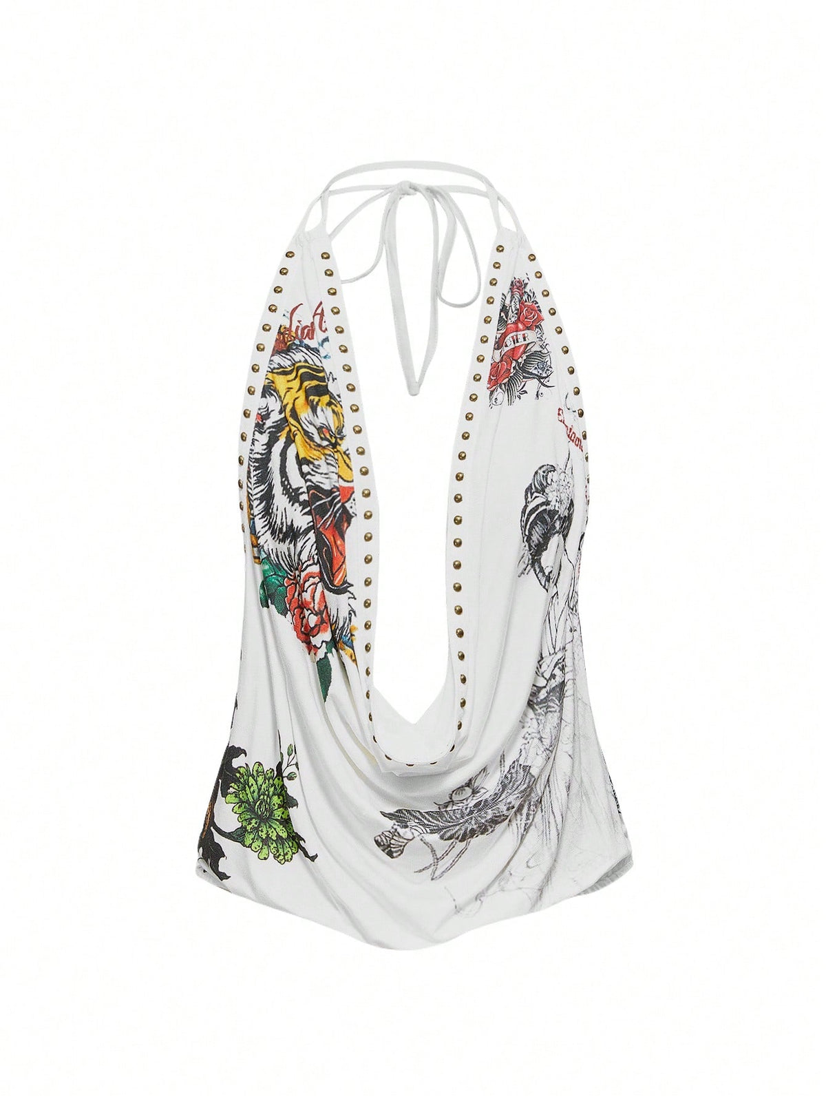 ROMWE Grunge Punk Women Y2K Chic Studded Vintage New Chinese Style Tiger Floral & Geisha Print Sexy Deep Draped Cowl Neck Double Strap Halter Top