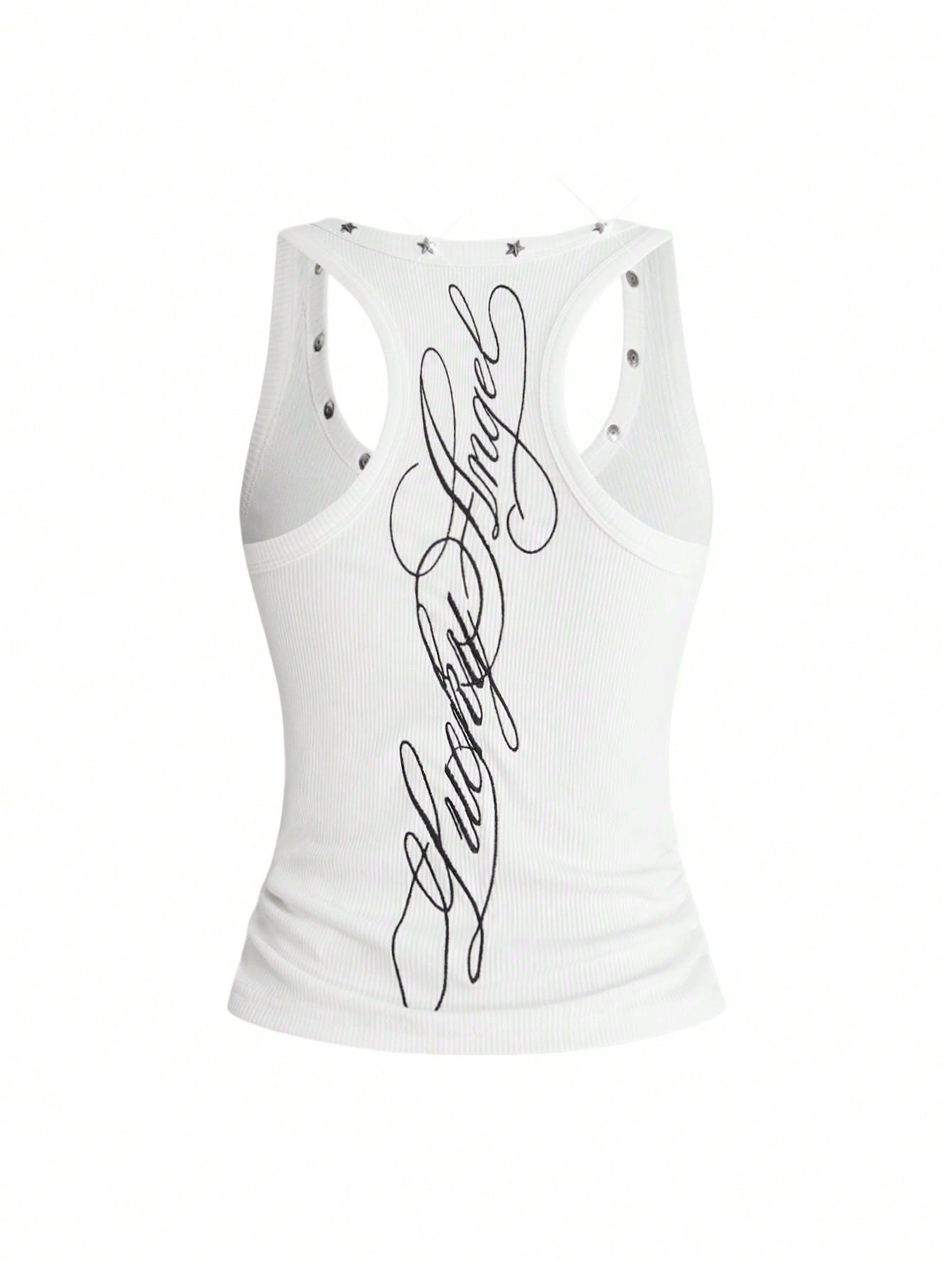 ROMWE Y2K Women's Retro Music Festival Sexy All-Match Versatile English Logo Embroidered Star Rivet Decor U-Neck Tank Top