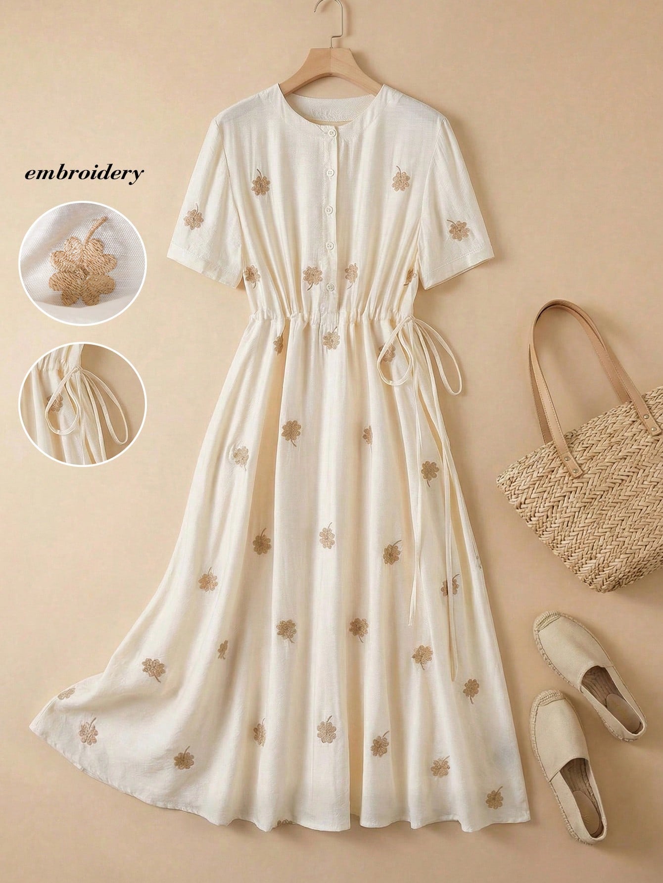 Rusticease Floral & Four-Leaf Clover Embroidered Drawstring Waist Long Summer Dress For Women,White Floral Modest Holiday Picnic Elegant Cottagecore Dresses