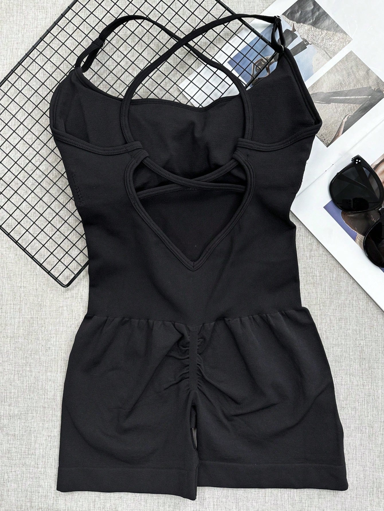 Sexy Fitness Jumpsuit, Women's Adjustable Criss-Cross Sports Jumpsuit, Running Yoga Jumpsuit, Ruched Shorts, Backless Set, Jumpsuit, Aesthetic Black