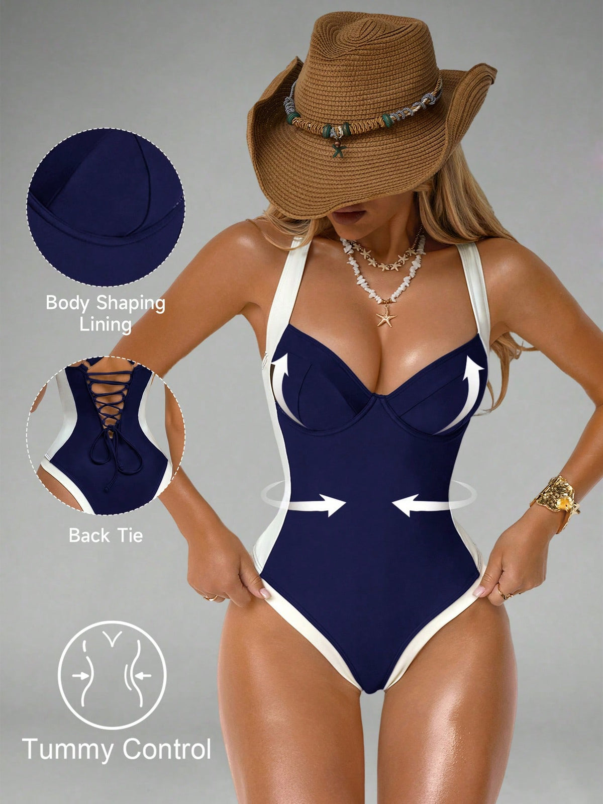 Shapewave Women's Tummy Control One-Piece Swimsuit With Side Splice, Push-Up, Slimming, Brown & Beige