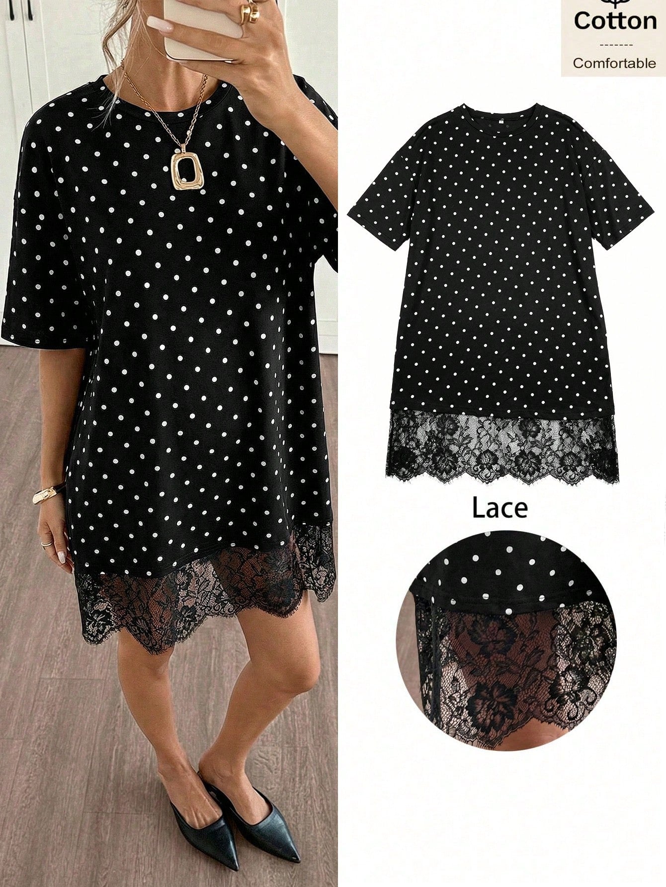 Siren Gaze Summer Elegant Casual Black And White Polka Dot T Shirt Dress For Women,Short Sleeve Lace Trim Oversized Mini Dress,Beach Date Vacation Tea Party